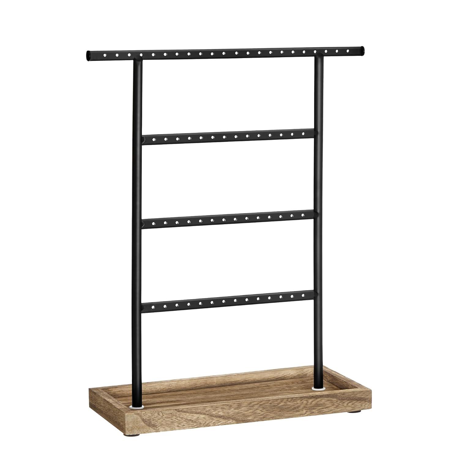SONGMICS Jewelry Organizer, 4-Tier Earring Holder Organizer Stand with Base Tray, for Studs and Necklaces, Vintage, Wood Color and Black UJJS019B01