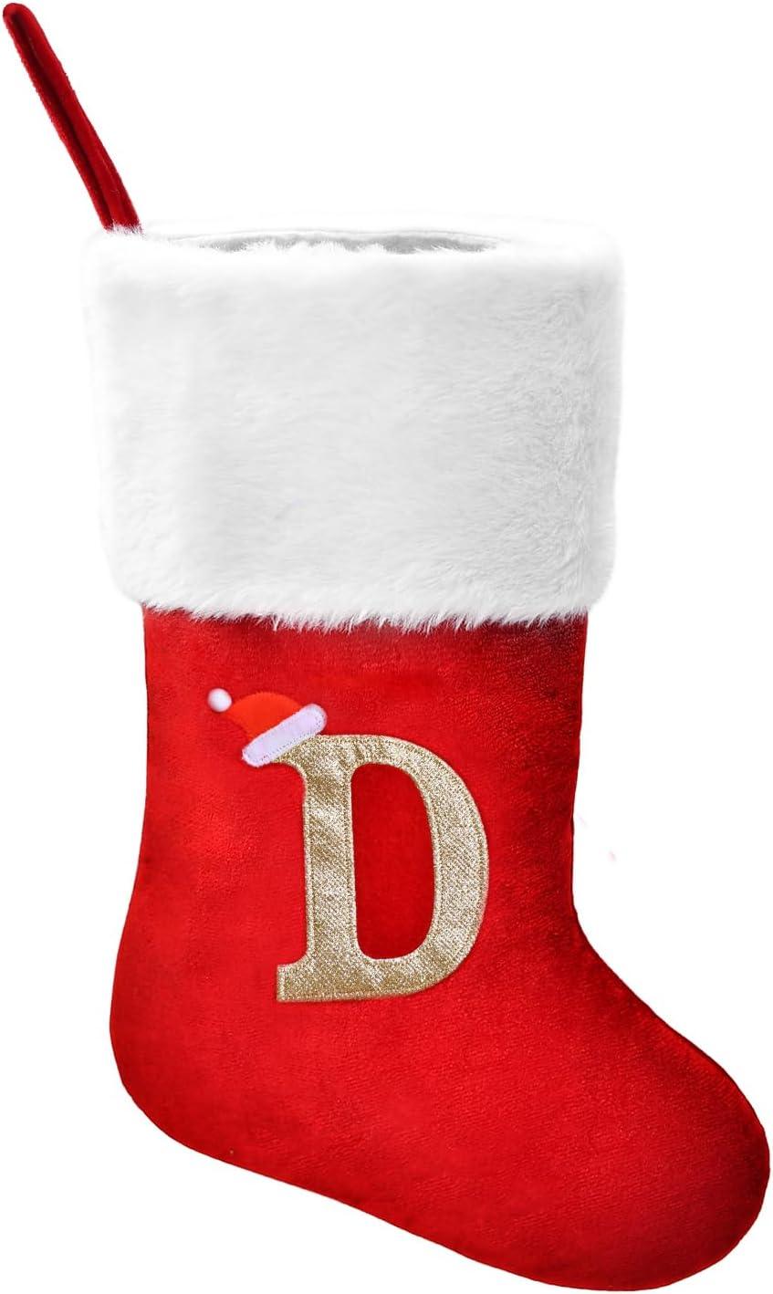 20 Inches Monogrammed Christmas Stockings,Letter F Personalized Christmas Stockings Red Stocking for Christmas Plush Cuffs Initial Christmas Stockings Holiday Xmas Gift