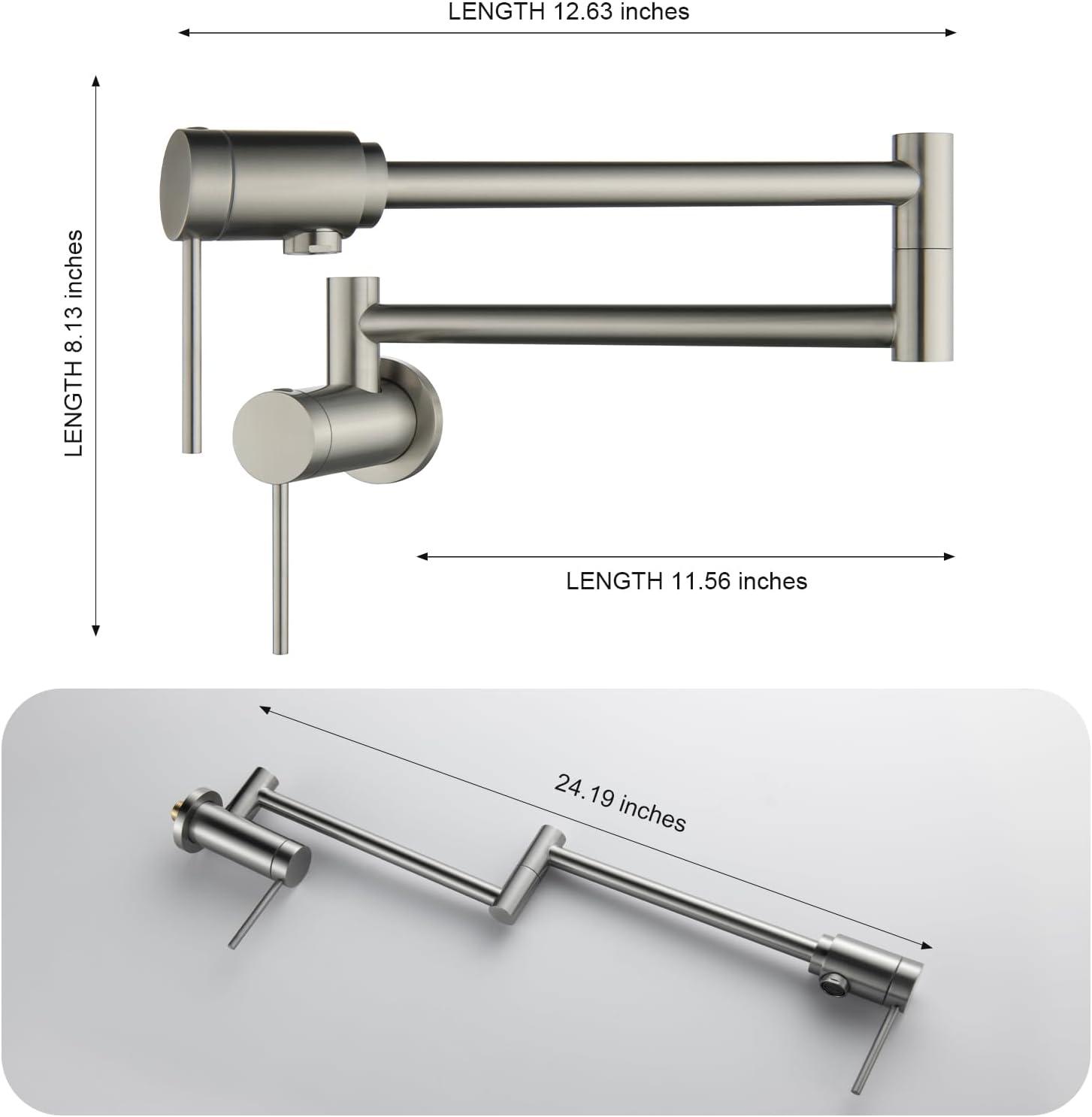 Pot Filler Faucet Brass, Single Hole Single Handle Wall Mount Folding Stretchable Double Joint Swing Arms, Single Cold Water,Brushed Nickel