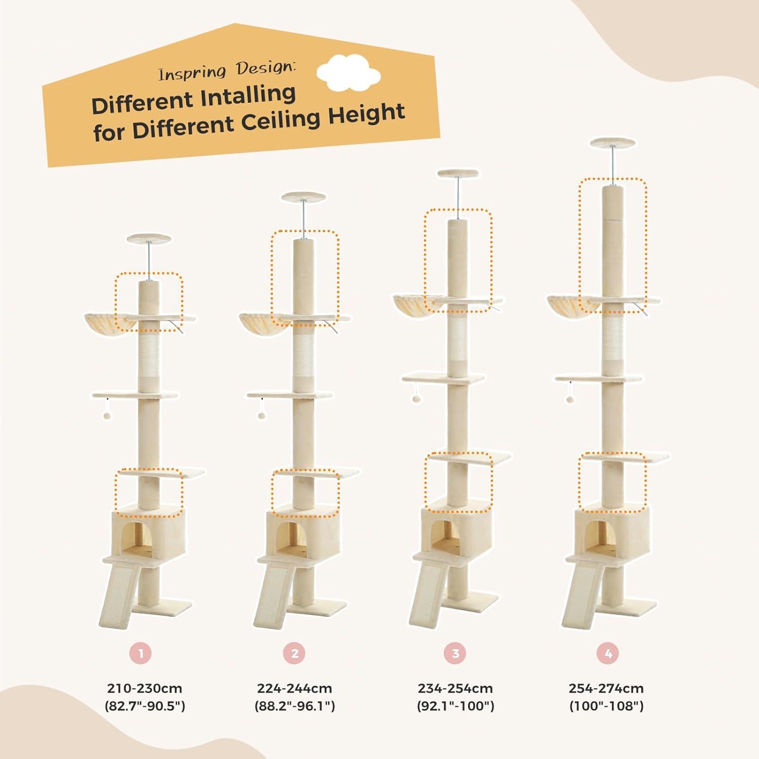 Adjustable Height Floor To Ceiling 5-Tier Tall Cat Tree Tower For Indoor Cats With Cat Condo, Cat Scratching Post And Cat Ladder