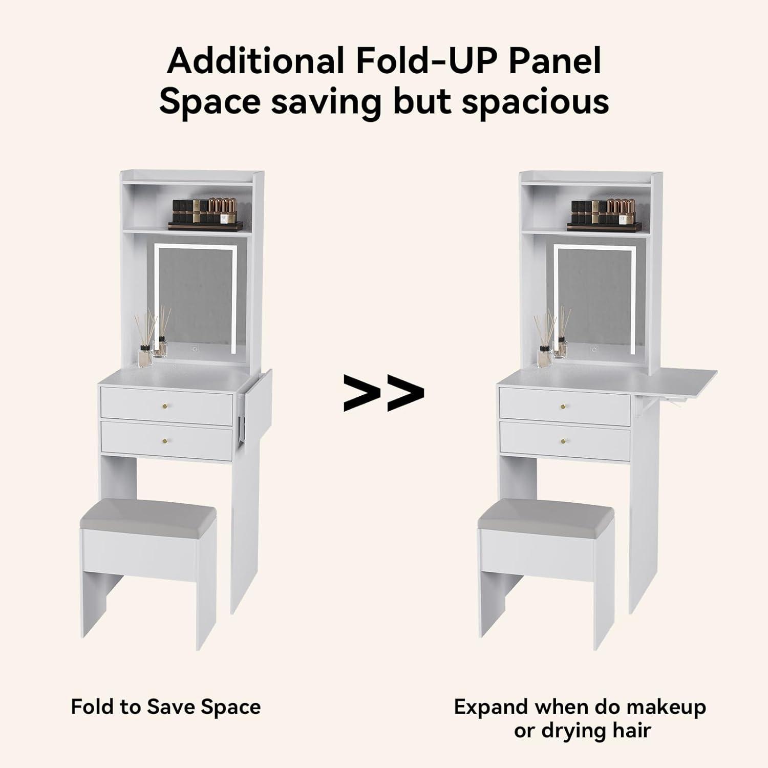 White Small Vanity Desk Set with Mirror and Lights Makeup Table with Drawer, Storage Chair, and Fold-up Panel for Small Space Bedroom