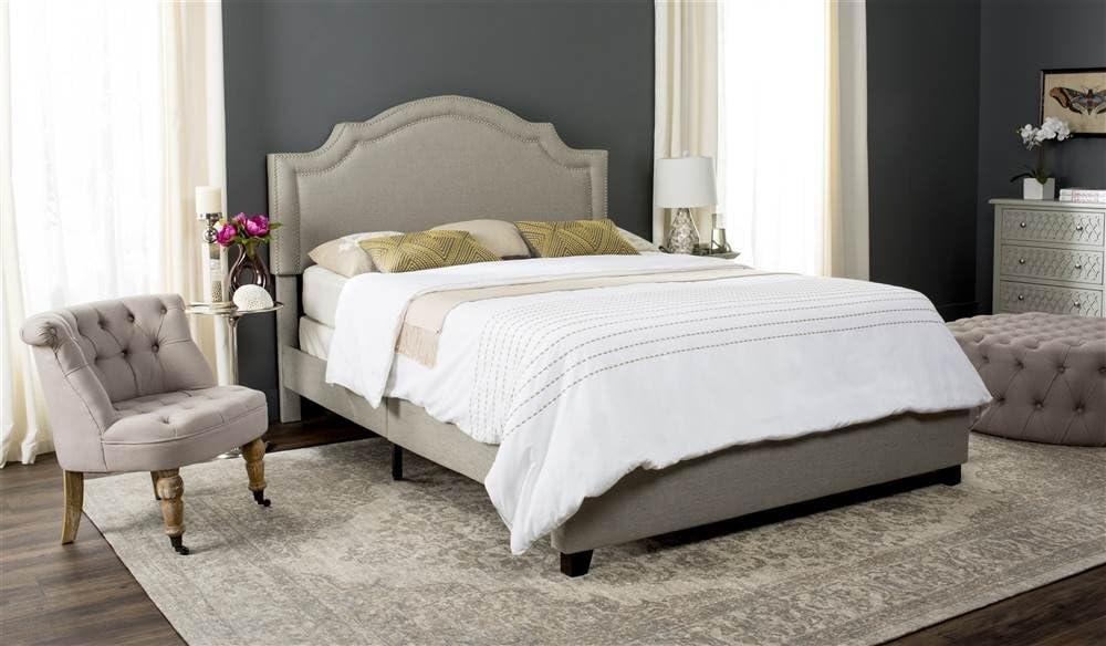 Beige Linen Upholstered Queen Platform Bed with Nailhead Trim