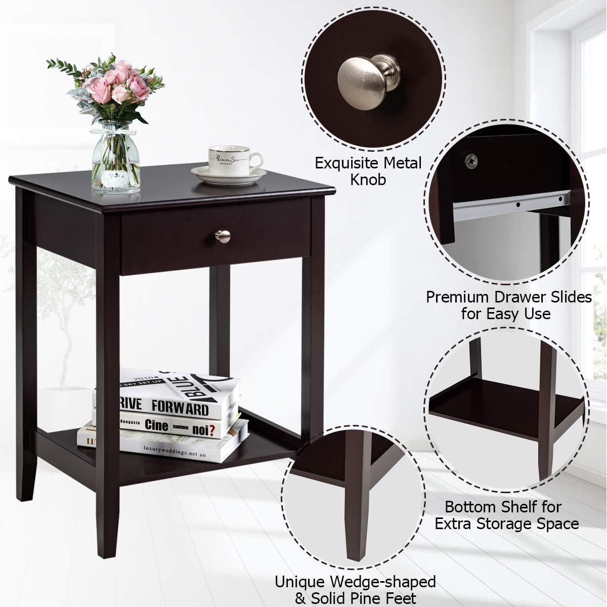 Tangkula End Table Nightstand w/Drawer & Shelf Bedroom Living Room Furniture Brown