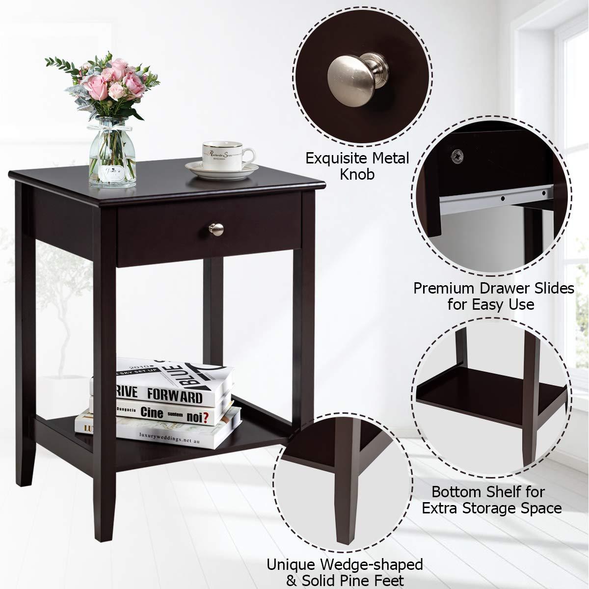 Tangkula End Table Nightstand w/Drawer & Shelf Bedroom Living Room Furniture Brown