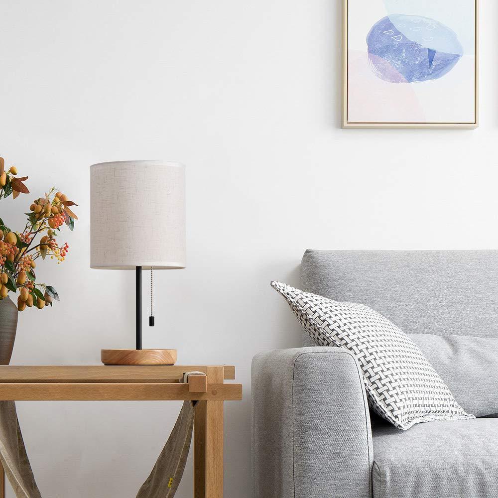 Contemporary Desk Lamp with Metal Frame, Wooden Base, Pull Chain Switch