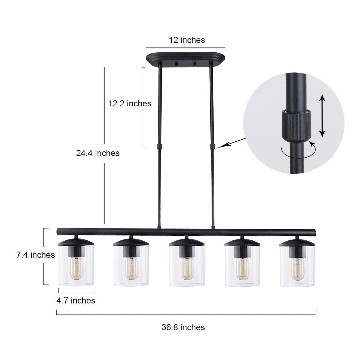 Black Farmhouse Chandelier, 5-Light Island Lights for Kitchen in Metal Finish with Clear Glass Shades, 37" Dining Room Chandelier, Linear Pendant Lighting for Foyer, Bar, Pool Table
