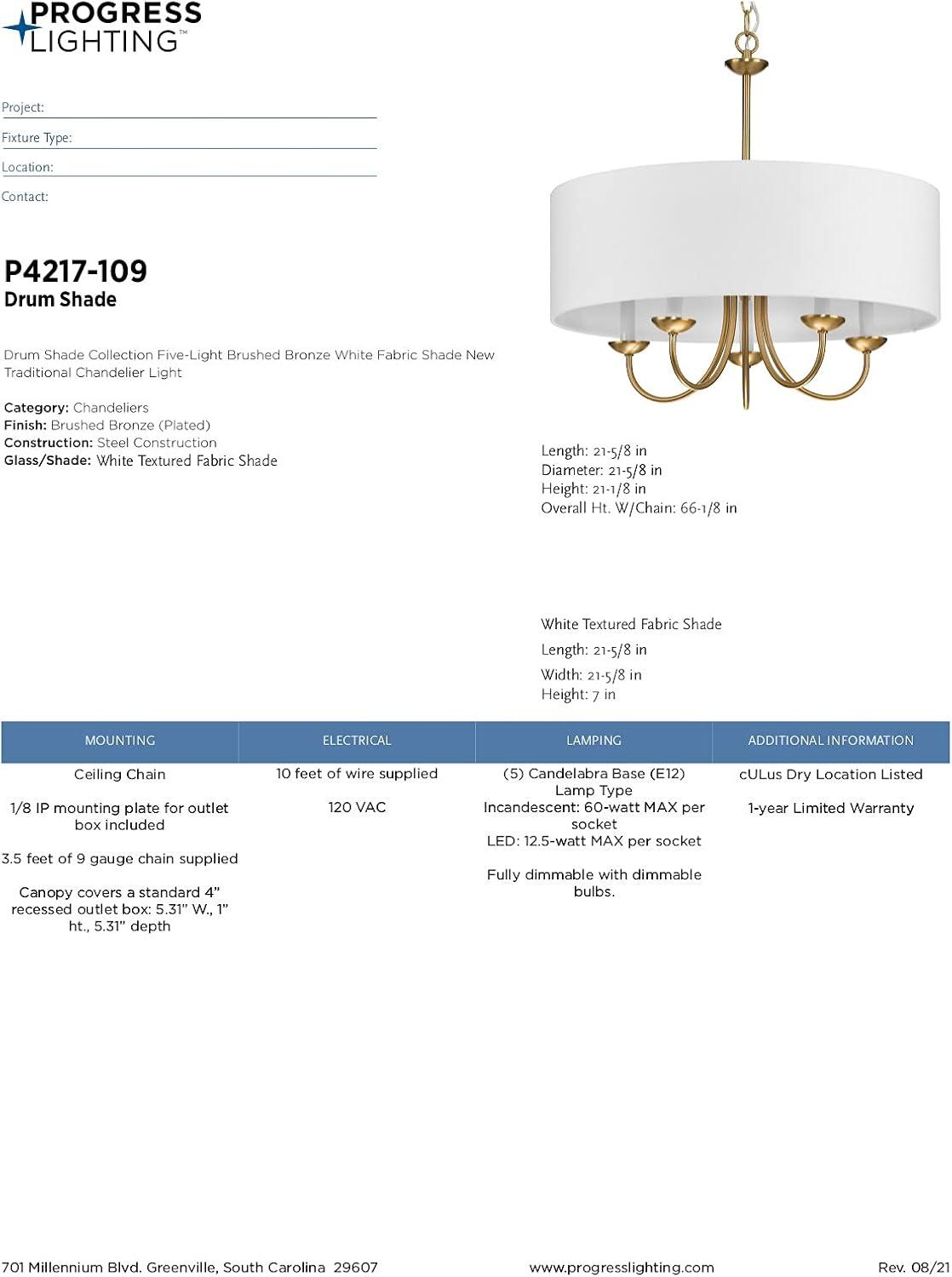 Progress Lighting, Drum Shade Collection, 5-Light Chandelier, Brushed Bronze, White Textured Fabric Shade, Material: Steel