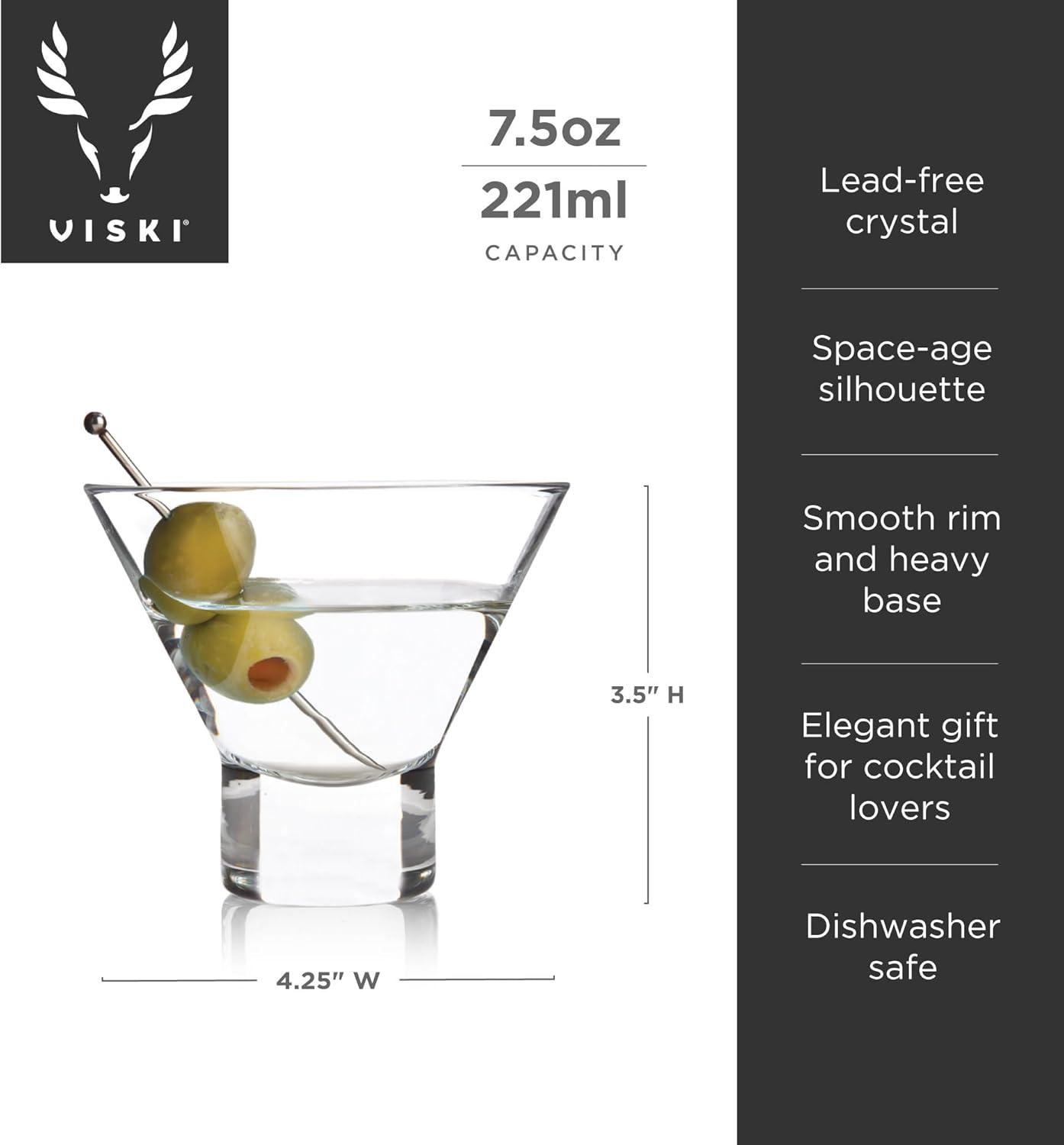 Viski Crystal Stemless Martini Glasses - Set of 4, 7.5 oz