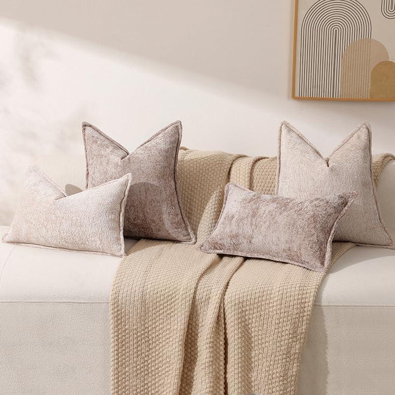 DEZENE Pack of 2 Khaki Decorative Throw Pillow Covers 12x20 Cozy Soft Chenille Accent Vintage Rectangular Lumbar Couch Pillow Covers for Home Decor Bed Sofa Living Room