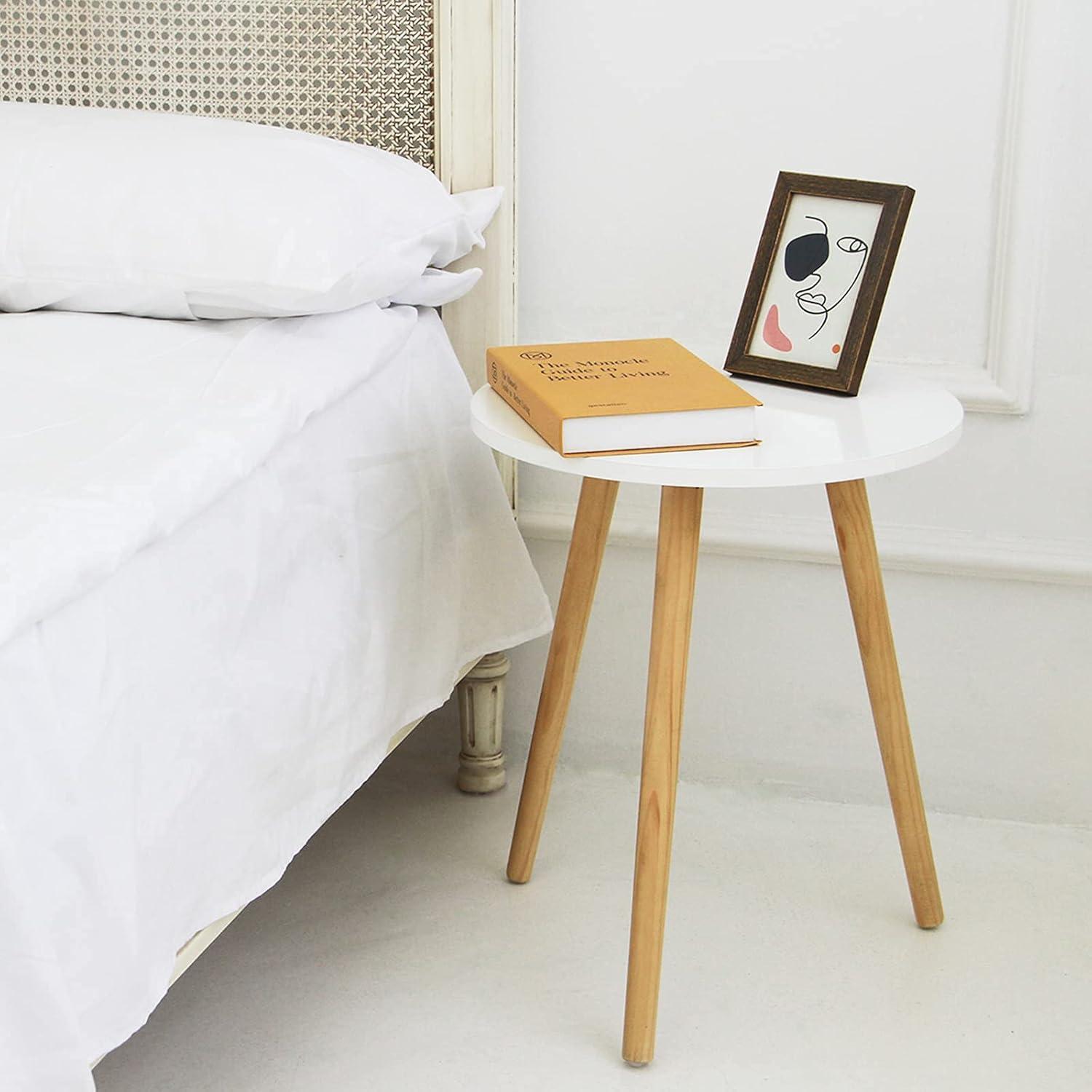 White Round MDF Side Table with Wooden Legs