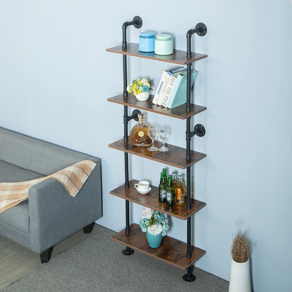 5 Shelf Industrial Pipe Shelving, Black Modern Bookcase Bookshelf, Wall Mount Ladder Shelf with Metal Frame Display Selves