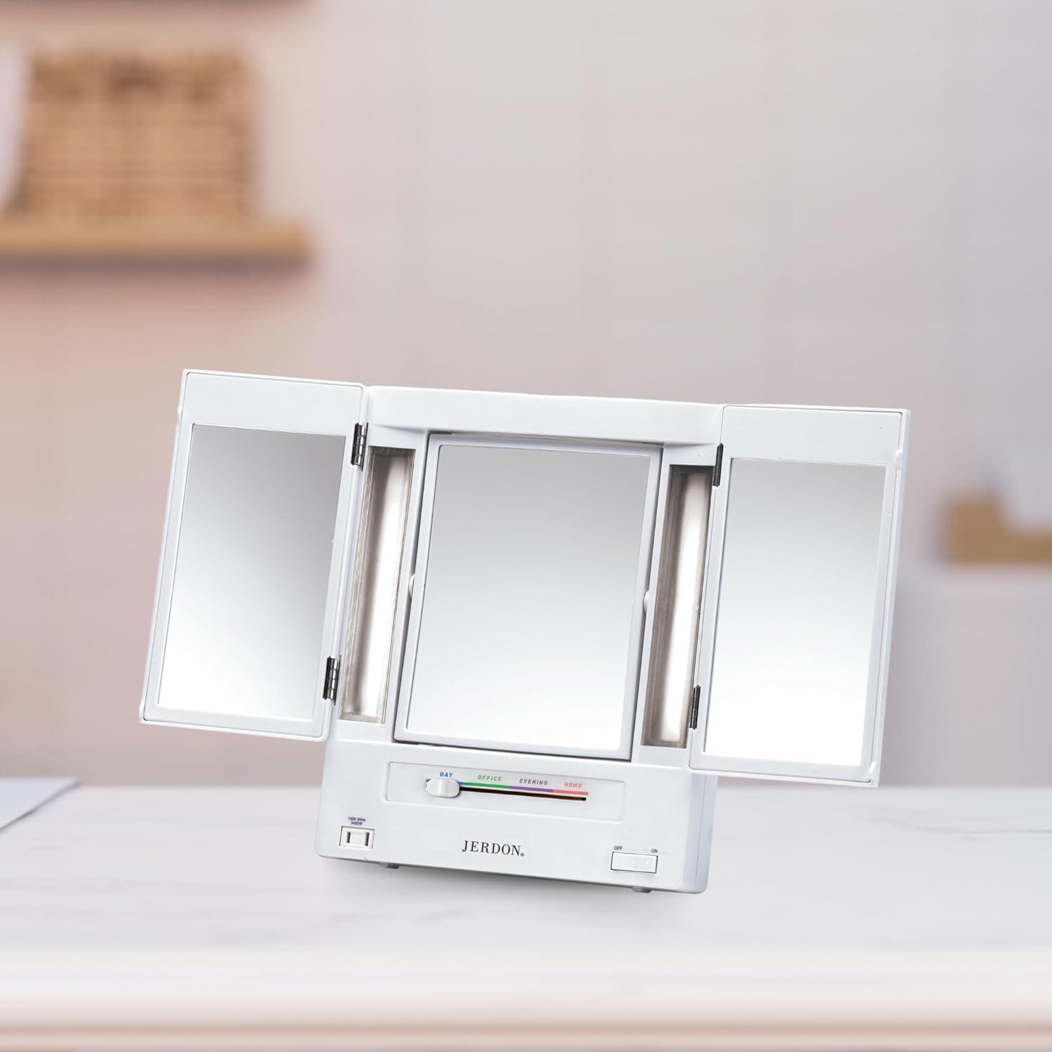 Symple Stuff Washington Mews TriFold Lighted Tabletop Makeup Mirror, Plug In