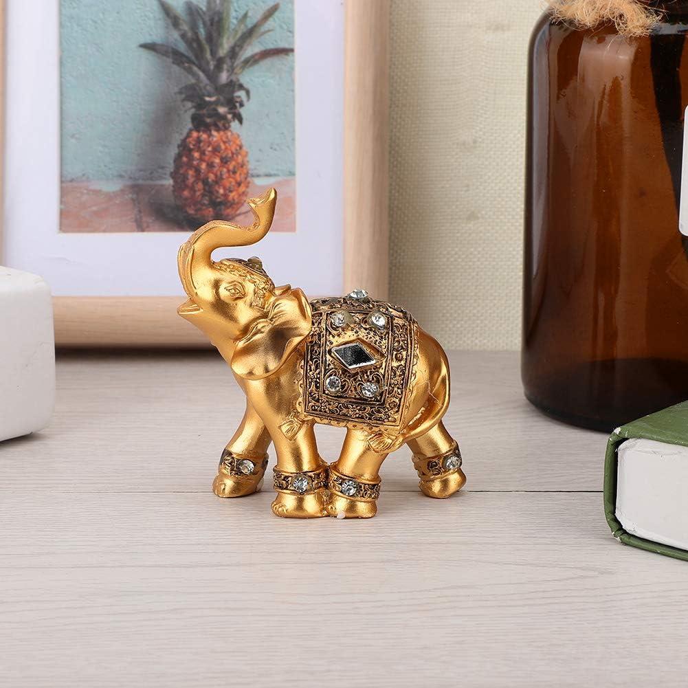 Golden Resin Feng Shui Elephant Statue Pair with Jewel Accents