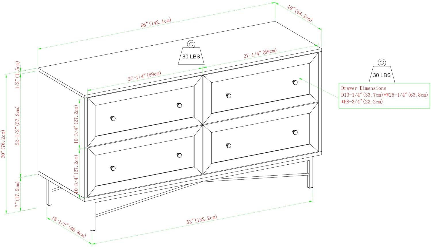 Gwen 56" 4-Drawer Modern Bedroom Dresser in Dark Walnut