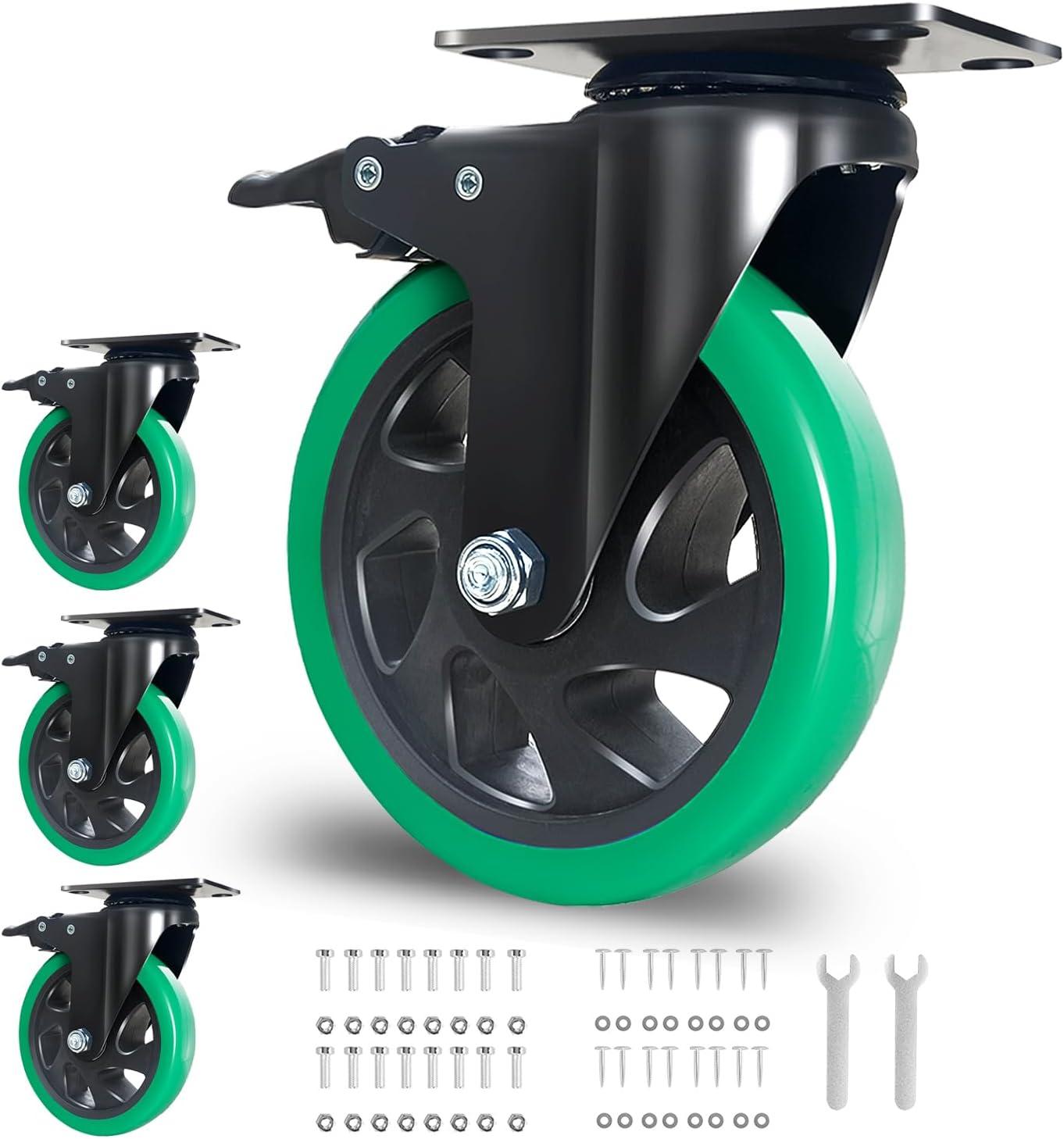 5 Inch Green Polyurethane Heavy Duty Swivel Caster Wheels Set