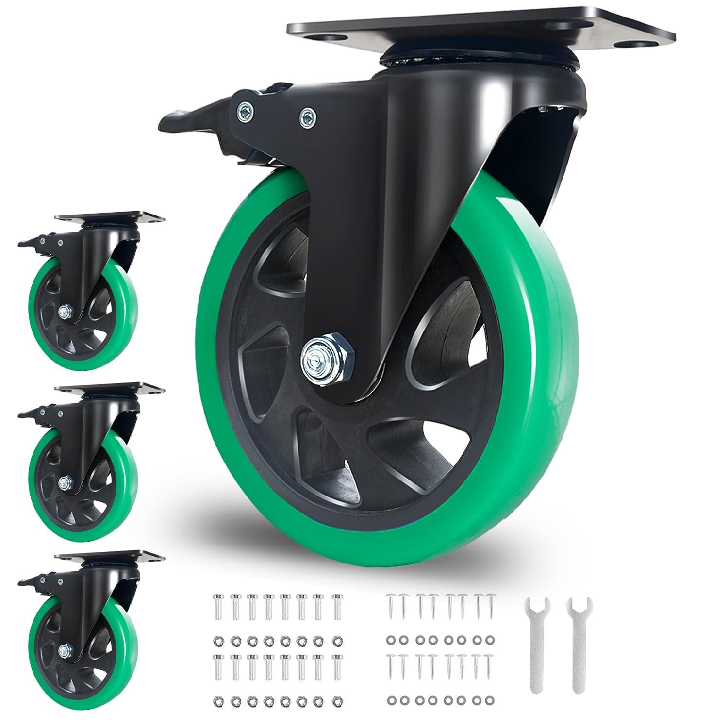 5 Inch Green Polyurethane Heavy Duty Swivel Caster Wheels Set