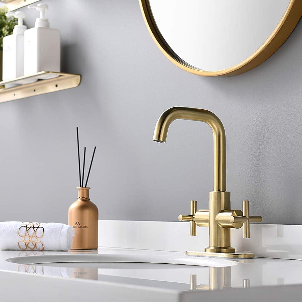 Brushed Gold 2-Handle Low-Arc Bathroom Faucet with Drain