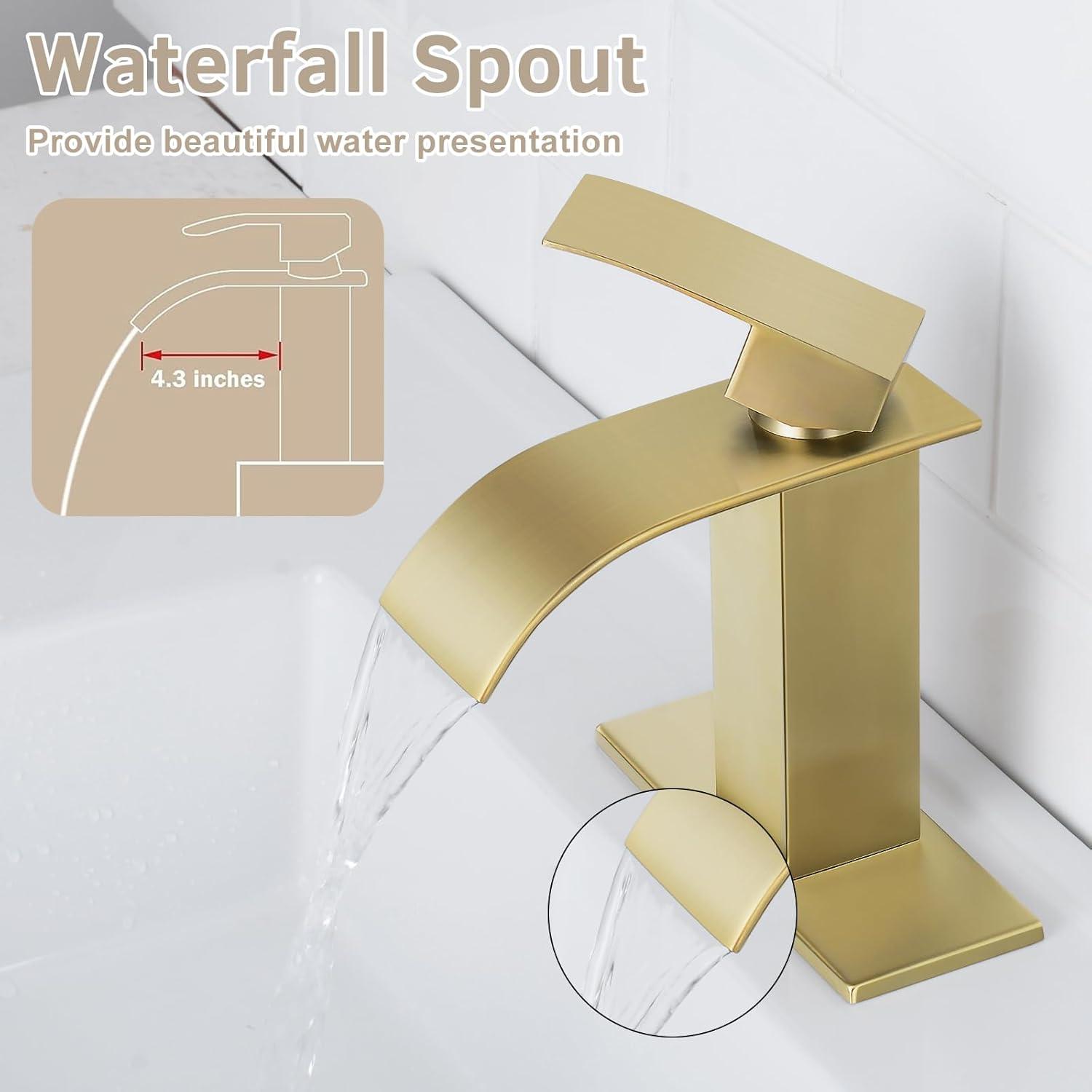 WOWOW Brushed Gold Waterfall Bathroom Faucet  Single Handle Faucet for Bathroom Sink