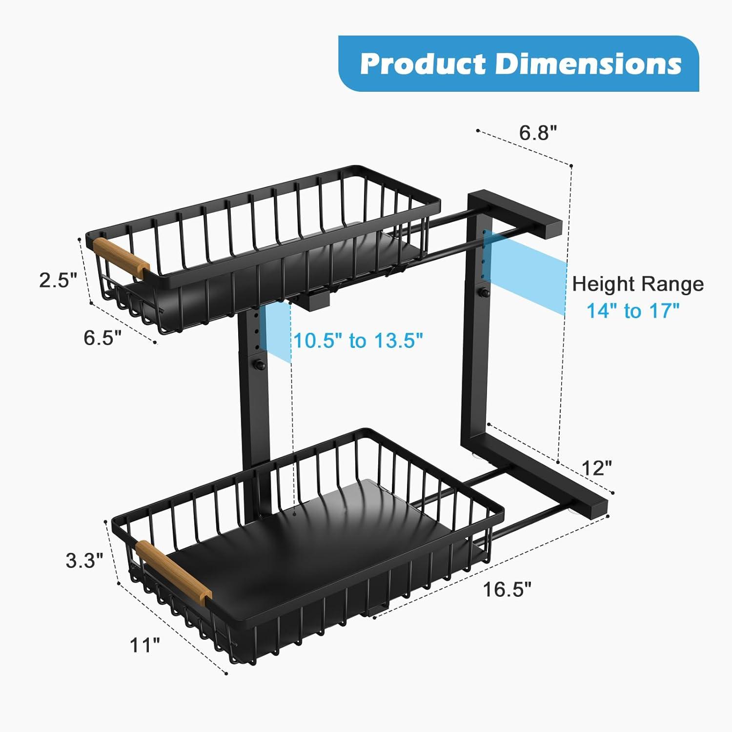 DELAMU 2 Pack Under Sink Organizers and Storage, Pull Out Trash Can Under Cabinet, 2 Tier Bin Organizer with Hooks and Haning Cups, Multi-Purpose Sliding Under Cabinet Organizer