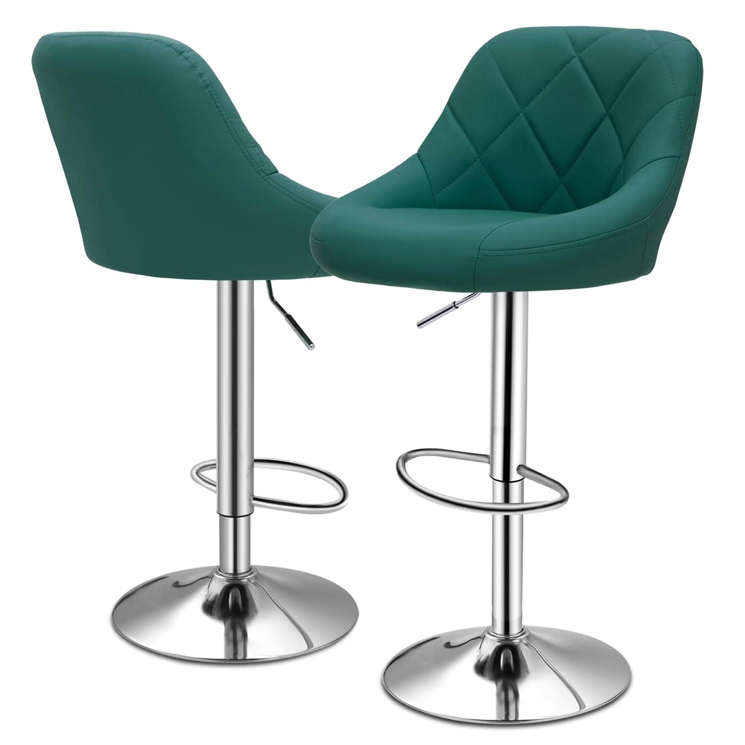Bar Stools Set of 2, Adjustable Counter Height Swivel Barstools, Modern Dining Chairs Bar Pub High Stool with Back for Kitchen Island, Teal Green