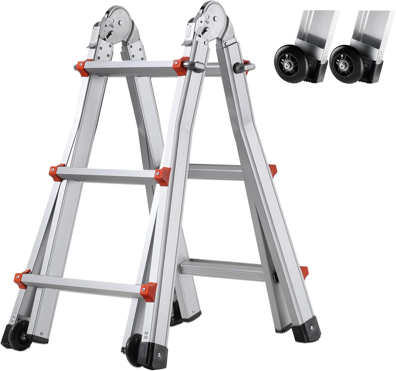 Compact Aluminum Telescopic A-Frame Ladder with Wheels