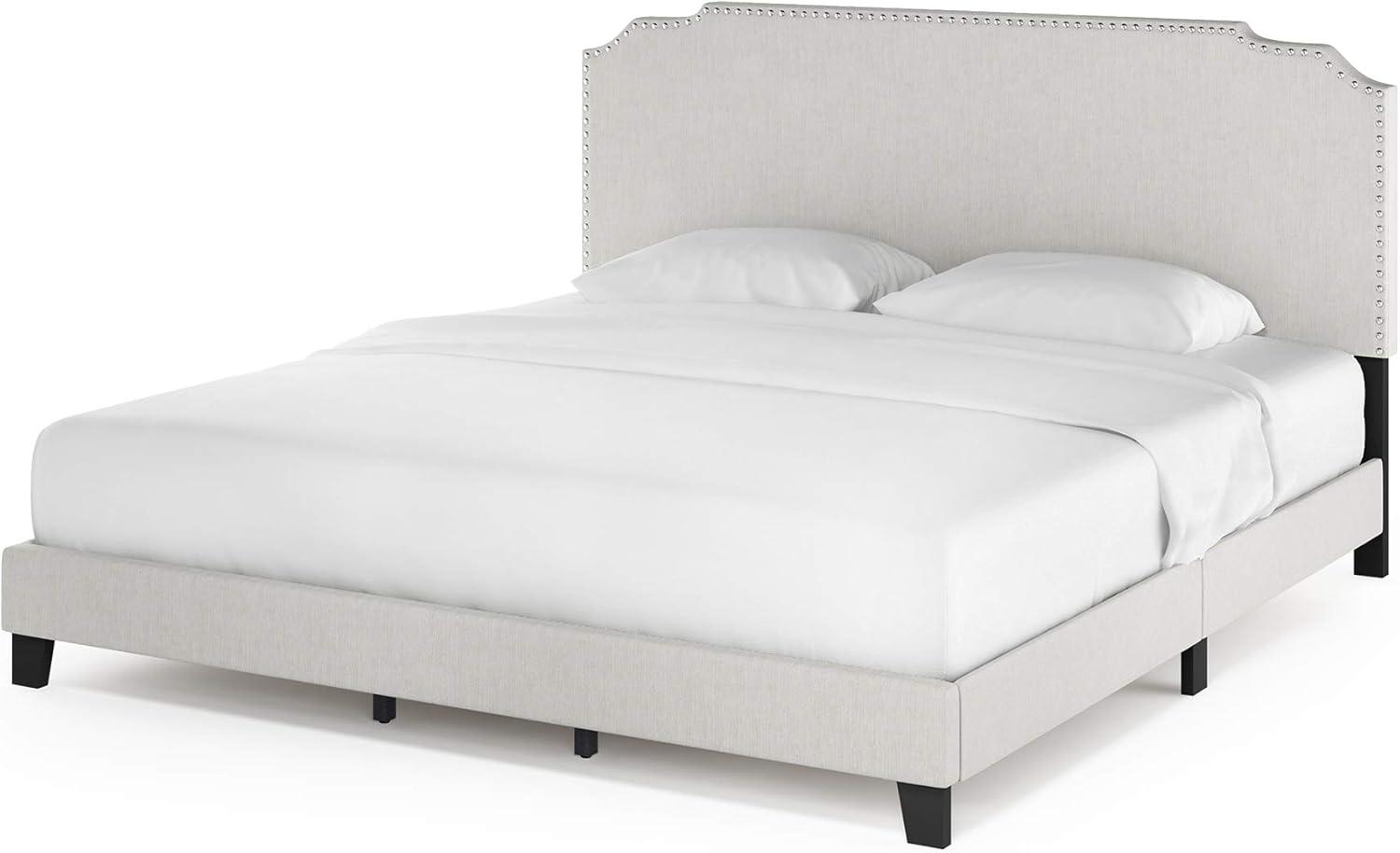 Furinno Nadia Nailhead, King, Linen,Trim Bed Frame "with" Storage and Mattress, Gray
