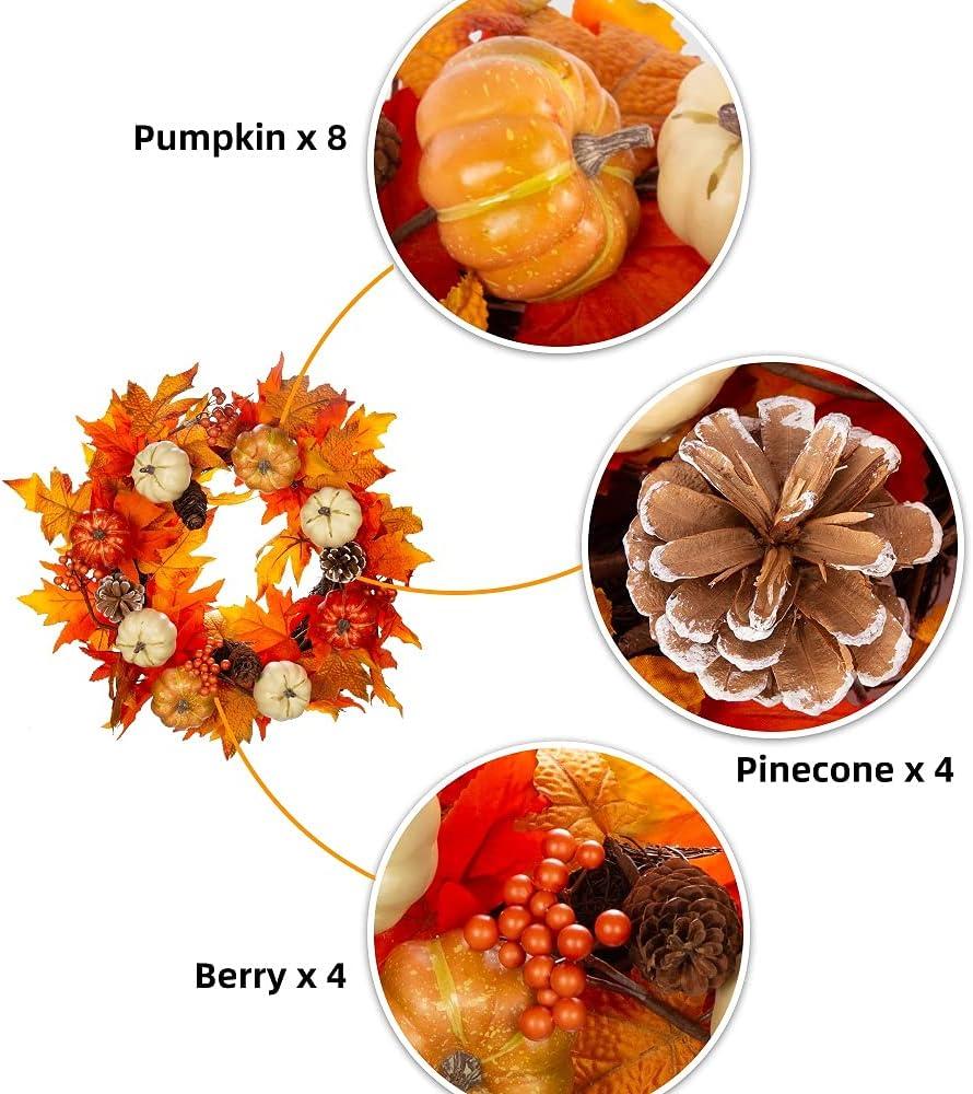 Fall Wreath 20’’ Autumn Front Door Wreath Harvest Wreath with Sunflower Pumpkins Berries Maple Leaves Daisies for Outside Indoor Home Wall Festival Thanksgiving Autumn Farmhouse Decor