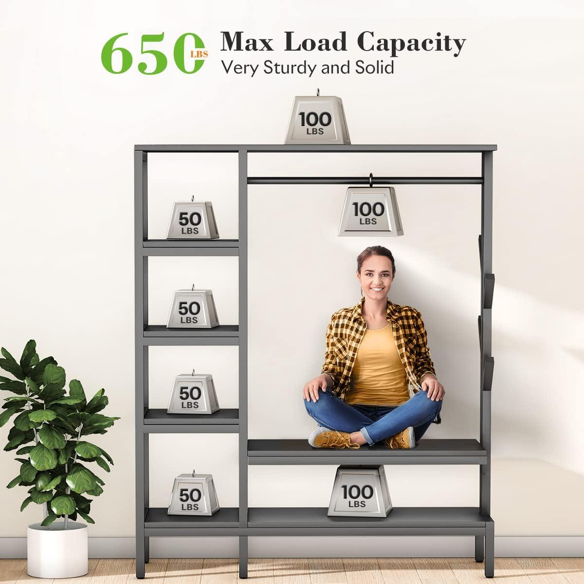 HOKEEPER Heavy Duty Extra Large Freestanding Closet Organizer With Coat Rack - Metal Wardrobe for Hanging Clothes, Storage Shelves, and Garment Rack for Bedroom