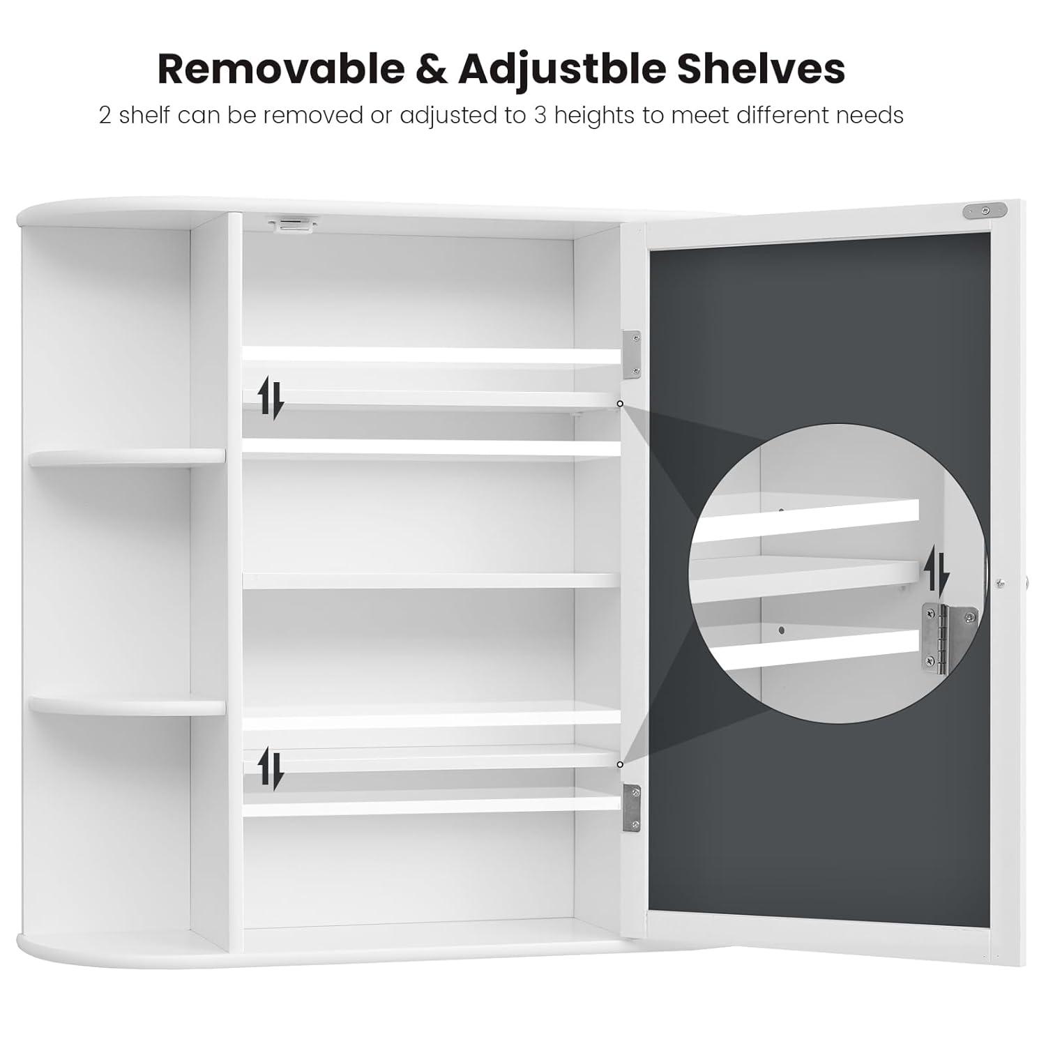 Wall Mounted Cabinet, Wood Hanging Cabinet with Doors and 6 Open Shelves for Placing Towels, Bathroom Wall Mirror Cabinet, White