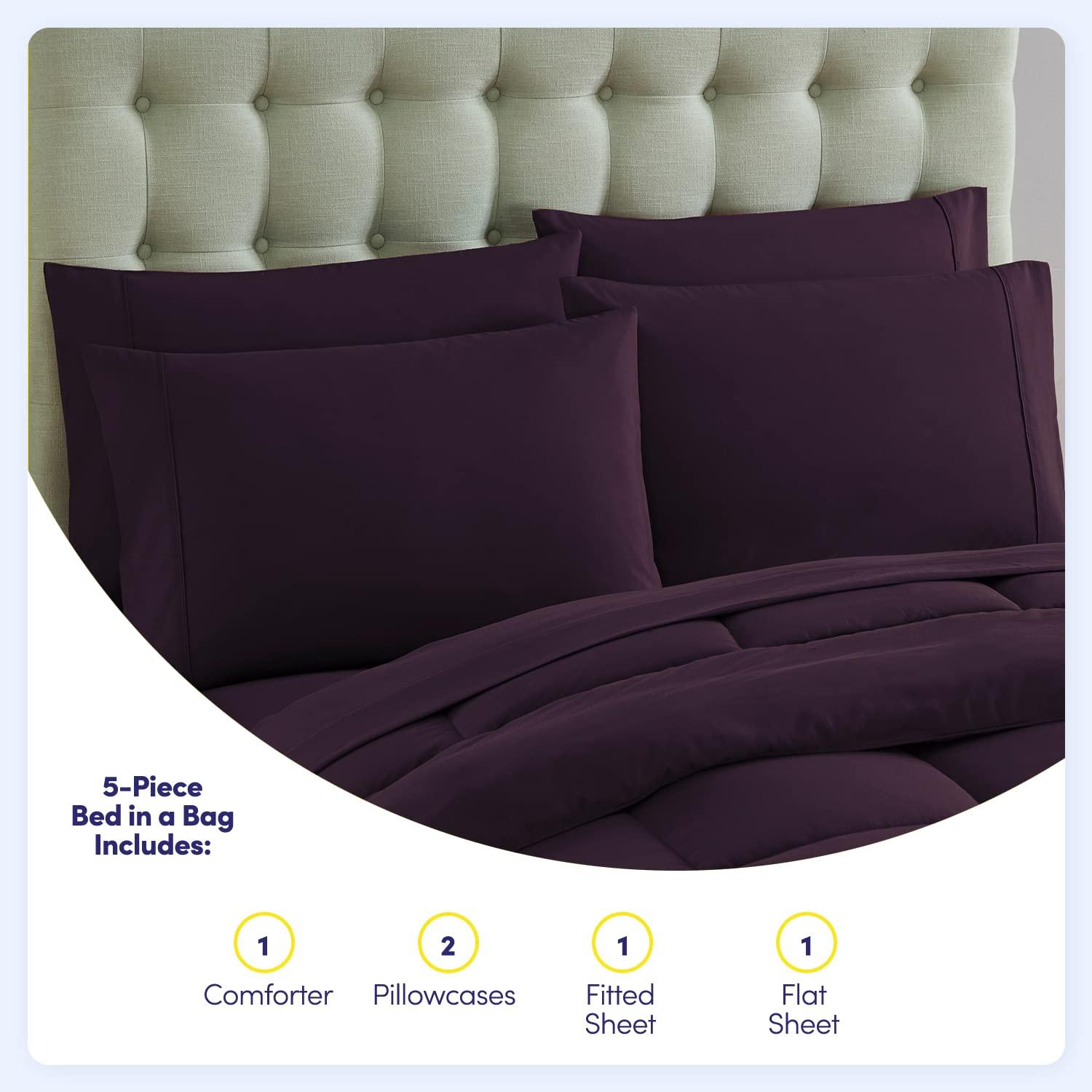 Bed-in-A-Bag Solid Color Comforter & Sheet Set Soft All Season Bedding, Twin XL, Purple