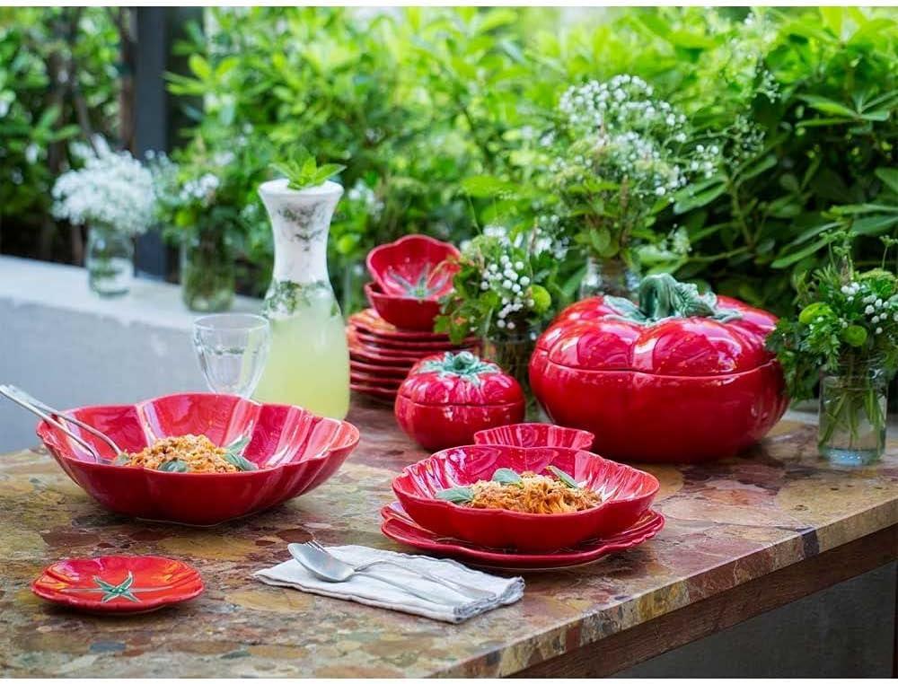 Red Earthenware Tomato Design Tureen with Green Leaf Lid