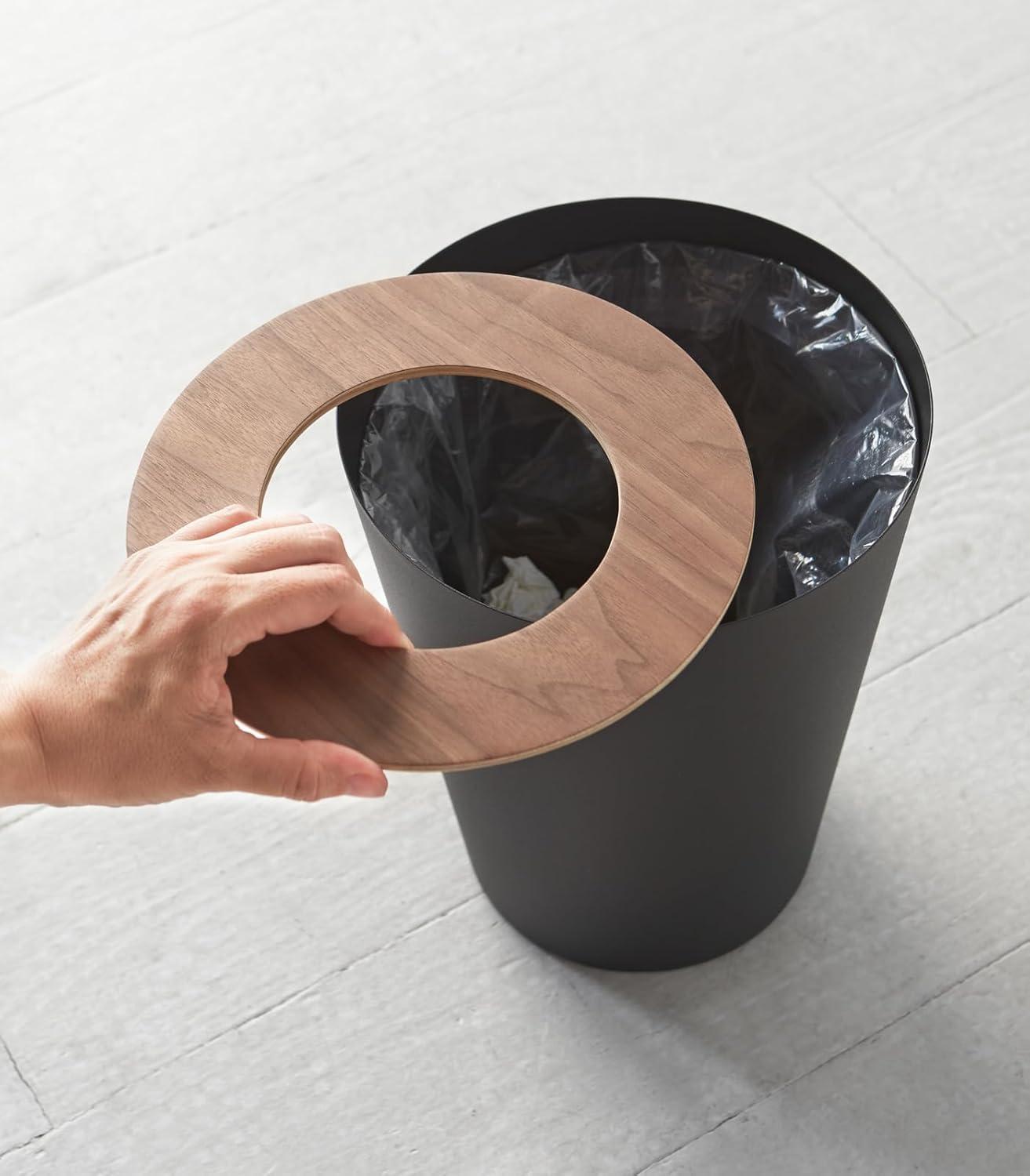 Rin Yamazaki Home Round Trash Can, 1.85 gallon Wastebasket Bathroom Kitchen Office, Steel + Wood
