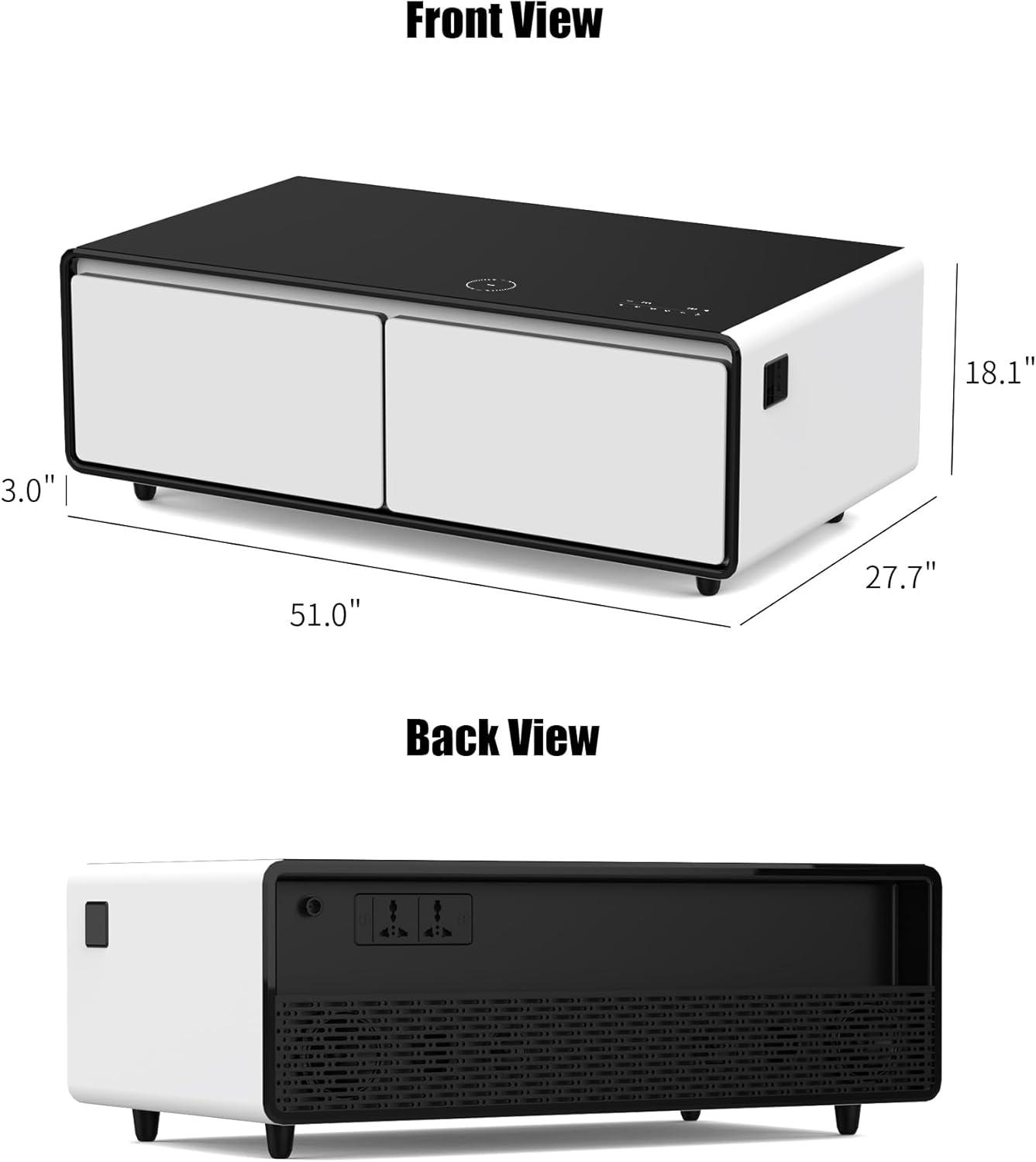 Livtab Smart Coffee Table with Built-in Fridge, Bluetooth Speakers, Wireless Charging, USB Ports and Outlets, Panel, LED Lights for Living Room, White