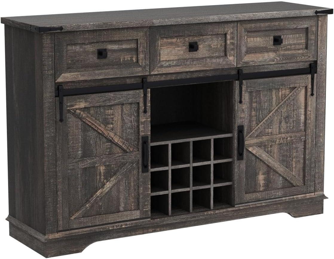 OKD 54" Wine Bar Cabinet w/Sliding Barn Door, Kitchen Coffee Bar Cabinet w/Wine & Glass Rack, 3 Drawers, Large Buffet Sideboard