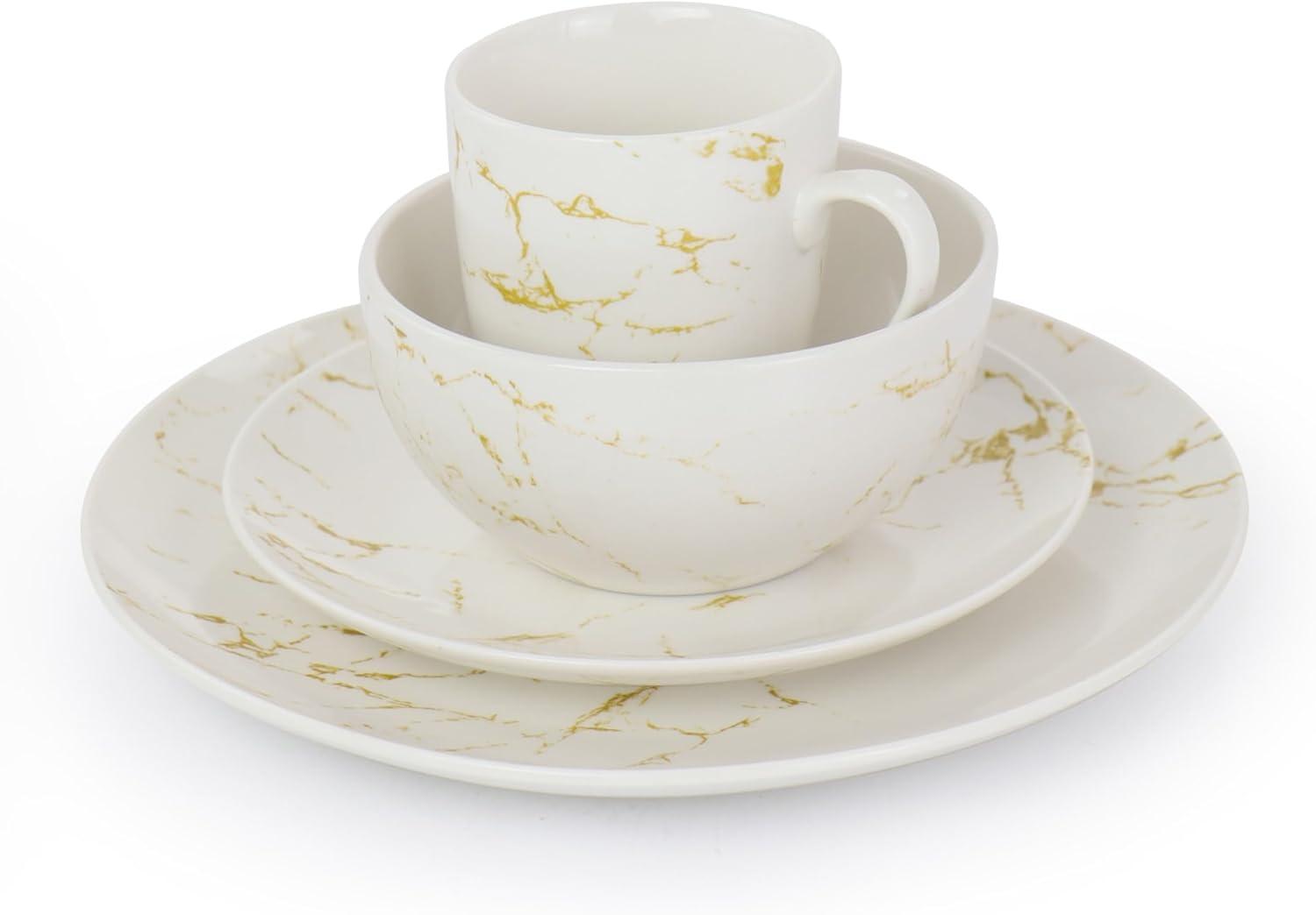 White and Gold Marble Ceramic Dinnerware Set, Service for 4