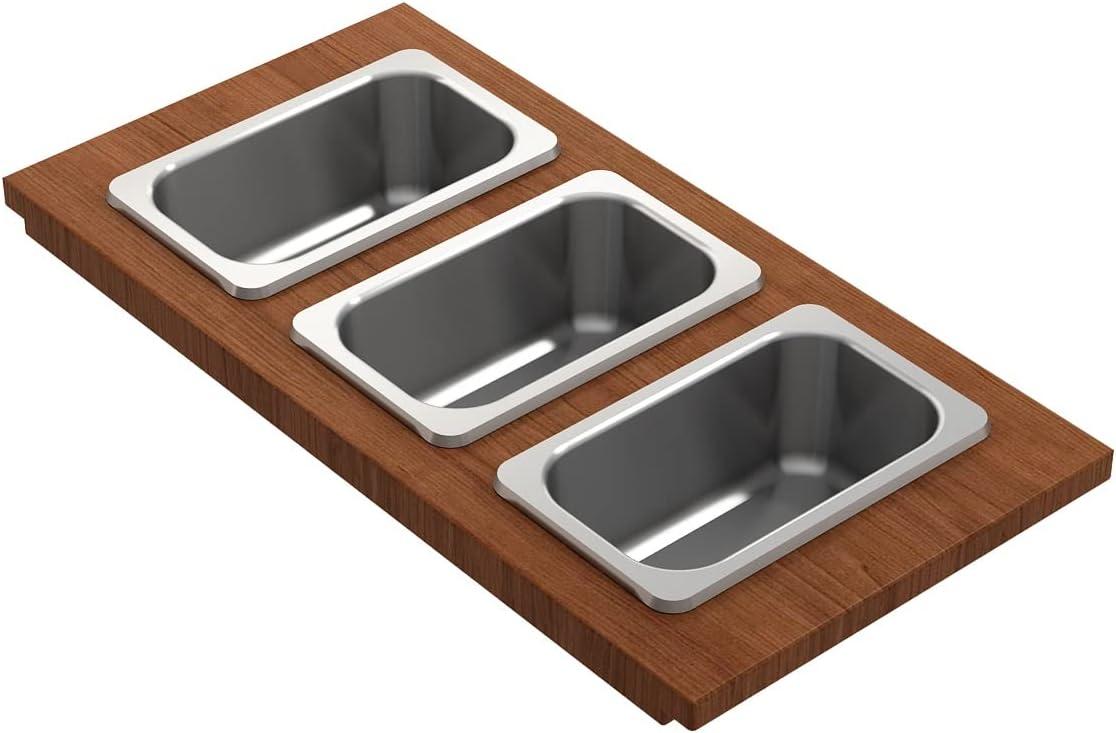 BOCCHI Wood Board With 3 Rectangular Stainless Steel Bowls F/1344, 1348, 1360, 1362, 1504, 1505, 1506 (Short Side Only), 1627, 1628