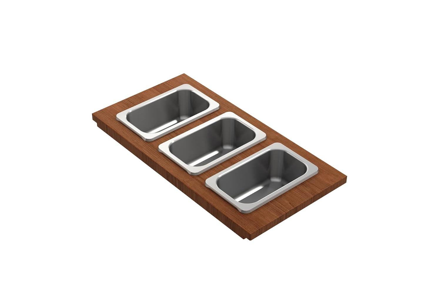 BOCCHI Wood Board With 3 Rectangular Stainless Steel Bowls F/1344, 1348, 1360, 1362, 1504, 1505, 1506 (Short Side Only), 1627, 1628