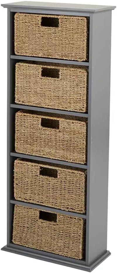 The Lakeside Collection Storage Bookcase with Set of 5 Baskets 5 Tier 15.5" W x 7"D x 38"H - Gray