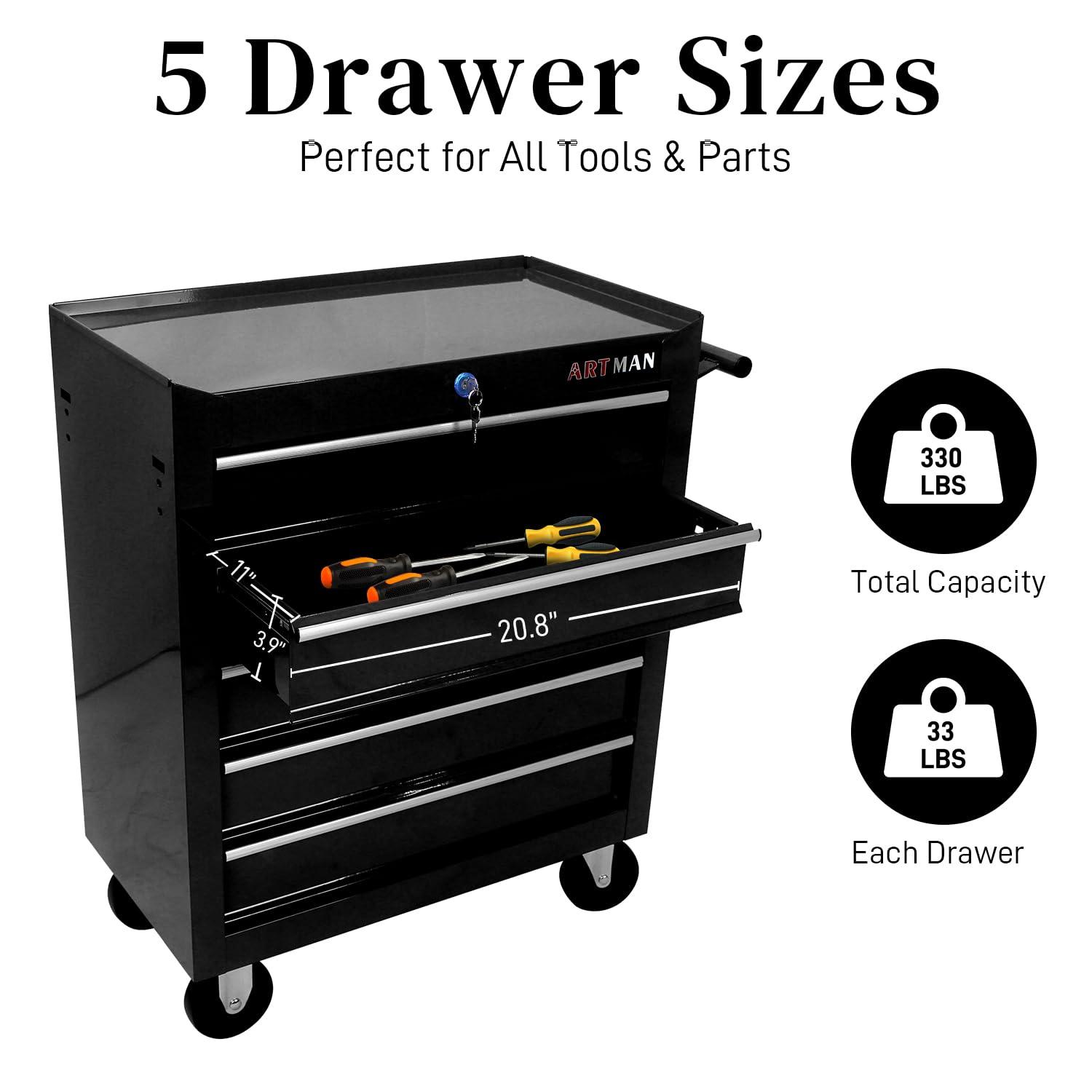 Kselythan Rolling Tool Chest,Tool Cart On Wheels,With 4 Wheels 5 Drawers,Tool Storage Cabinet With Lock & Key,For Garage Warehouse Repair Shop,Black