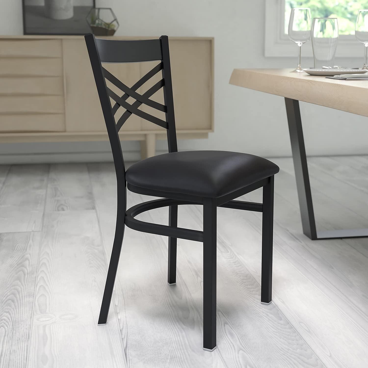 Black Metal Cross Back Dining Chairs with Vinyl Seats, Set of 2