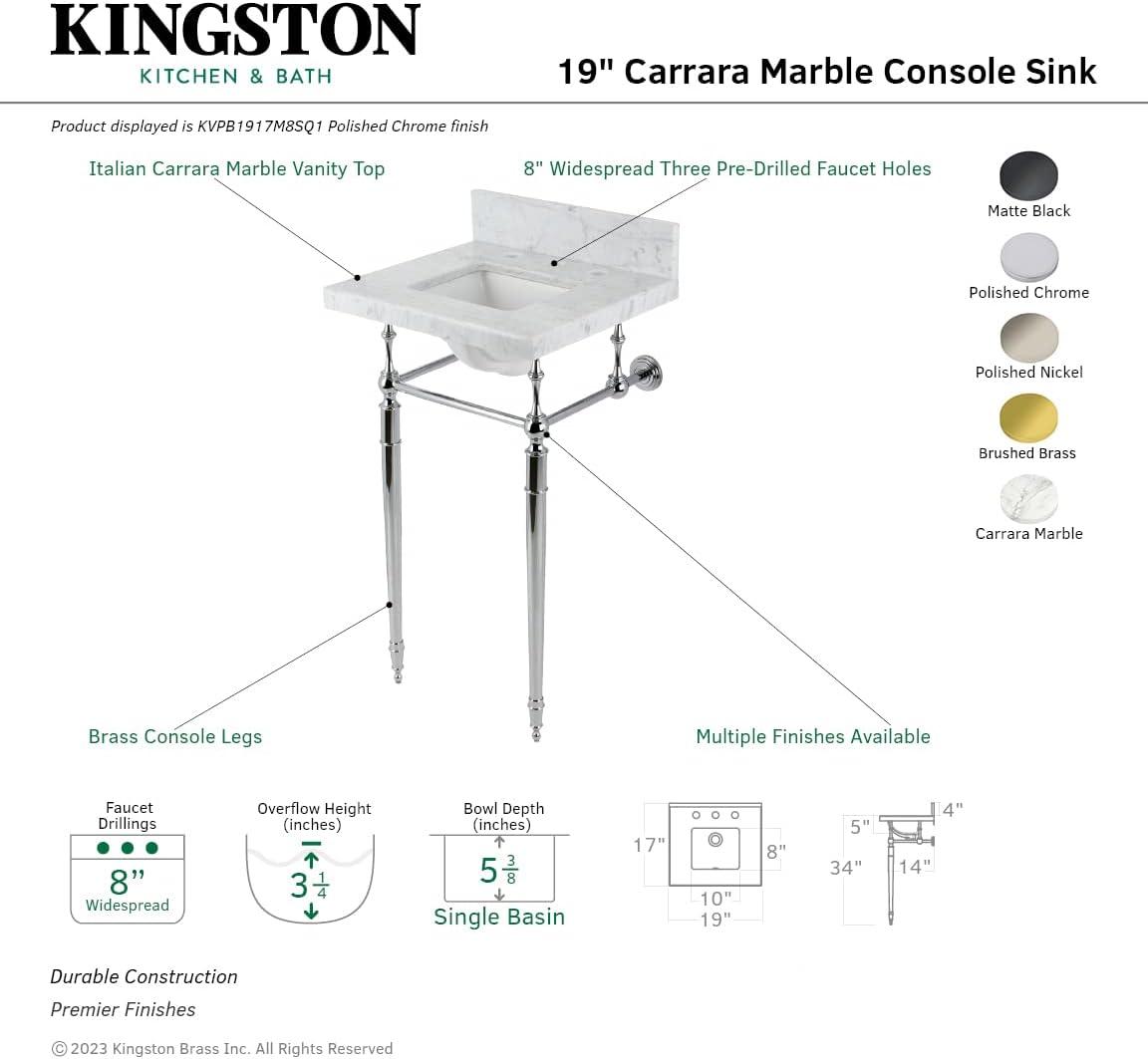Kingston Brass Edwardian 19-Inch Carrara Marble Console Sink with Brass Legs (8-Inch, 3-Hole)