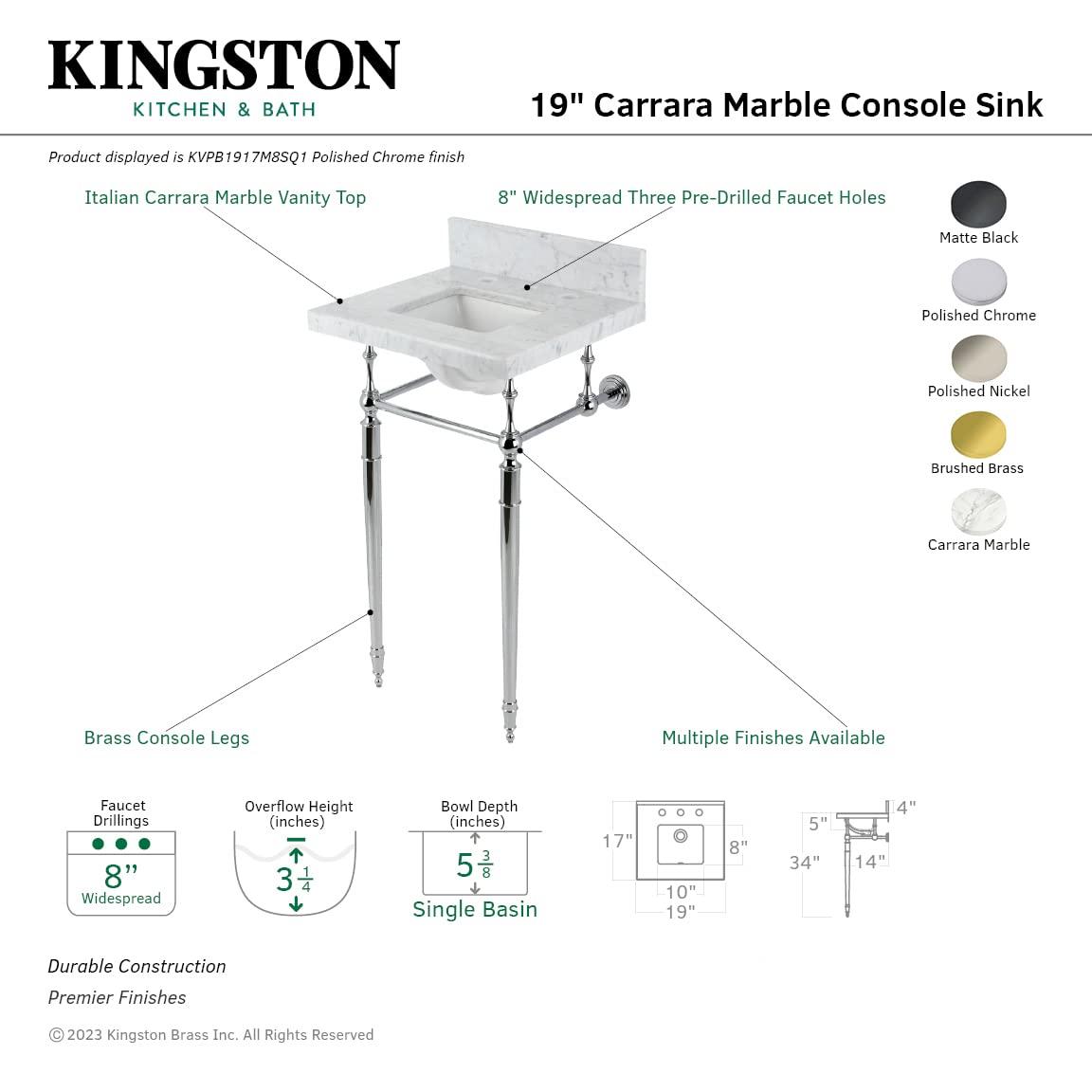 Kingston Brass Edwardian 19-Inch Carrara Marble Console Sink with Brass Legs (8-Inch, 3-Hole)