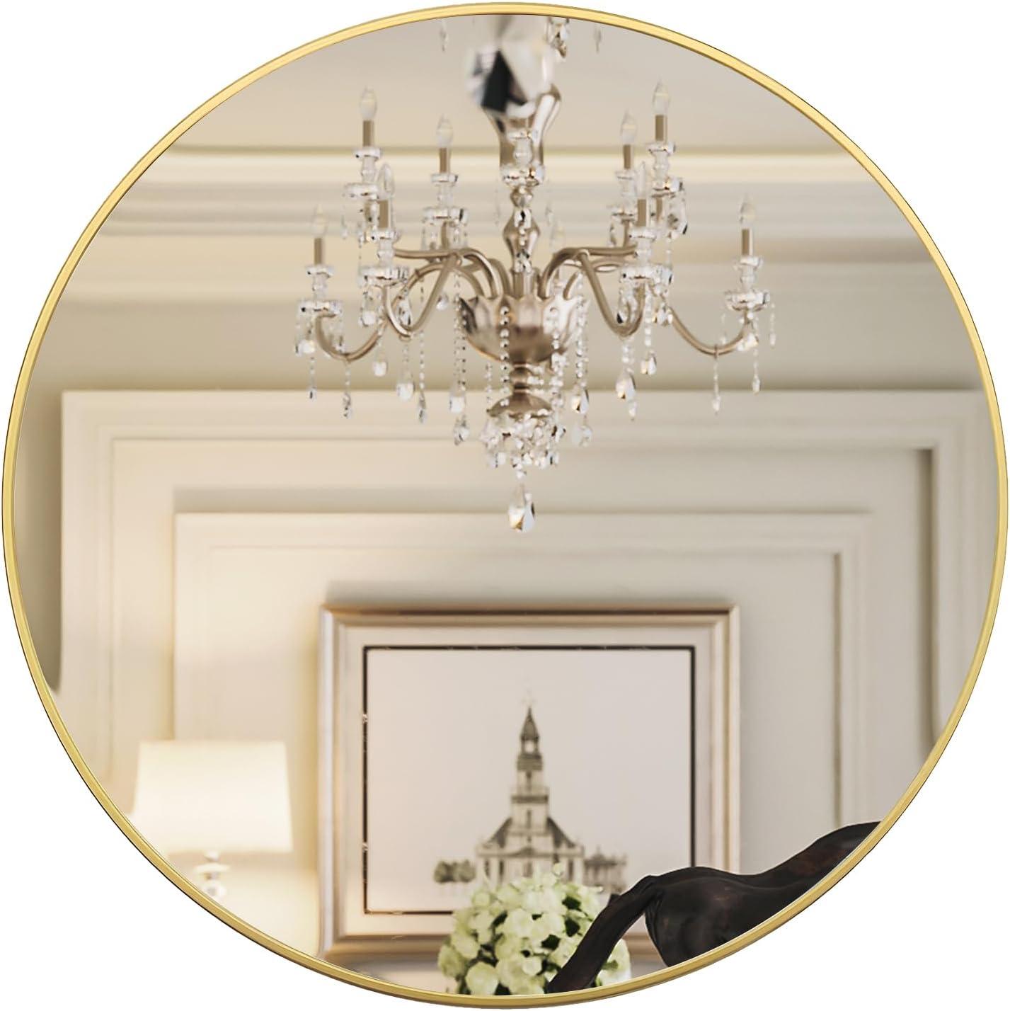 Gold 24 Inch Round Mirror - Bathroom & Wall Decor for Living Room, Entry Way, Bedroom - Metal Framed