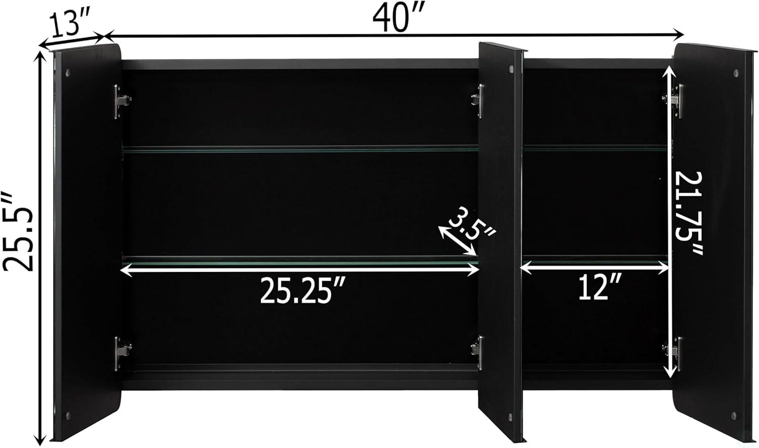 Basicwise 3-Door Aluminum Medicine Cabinet, Round Corner Frame, Surface or Recessed Mount, Mirrored Doors with Adjustable Glass Shelves, Matte Black