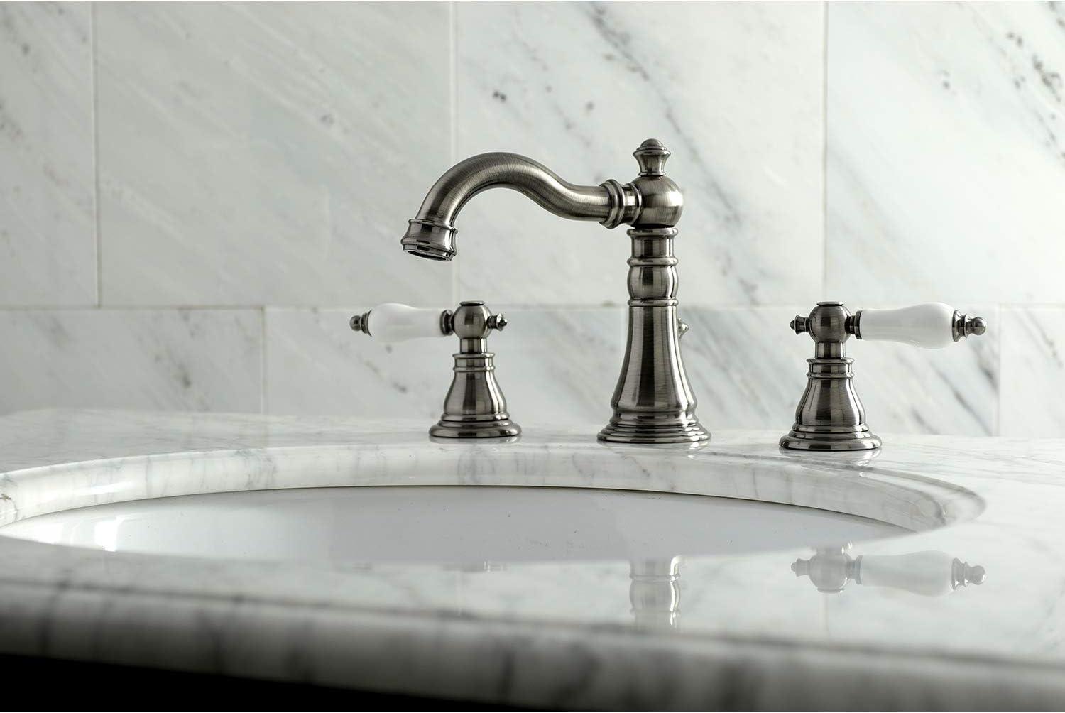Kingston Brass American Patriot Two-Handle 3-Hole Deck Mount Widespread Bathroom Faucet with Brass Pop-Up Drain