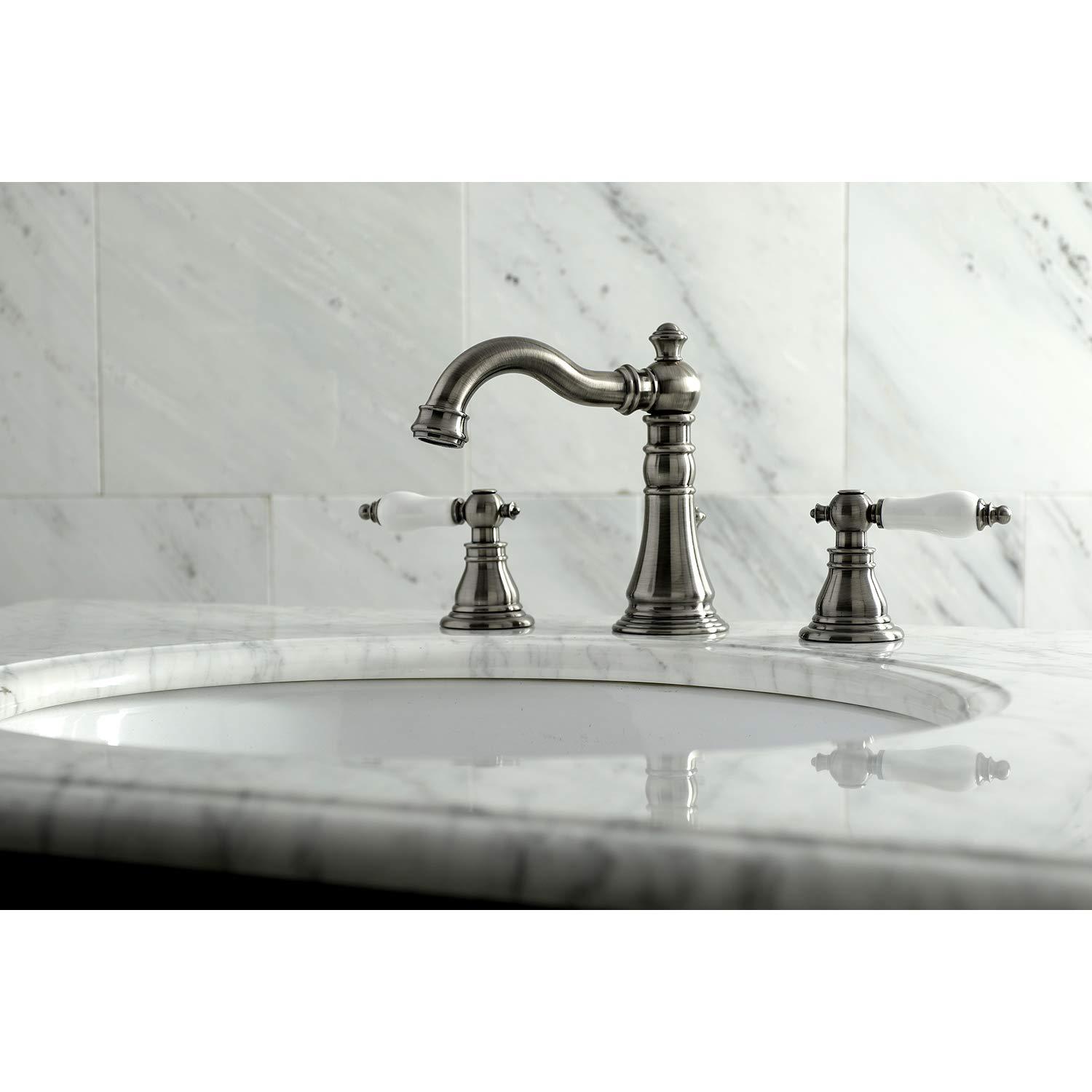 Kingston Brass American Patriot Two-Handle 3-Hole Deck Mount Widespread Bathroom Faucet with Brass Pop-Up Drain