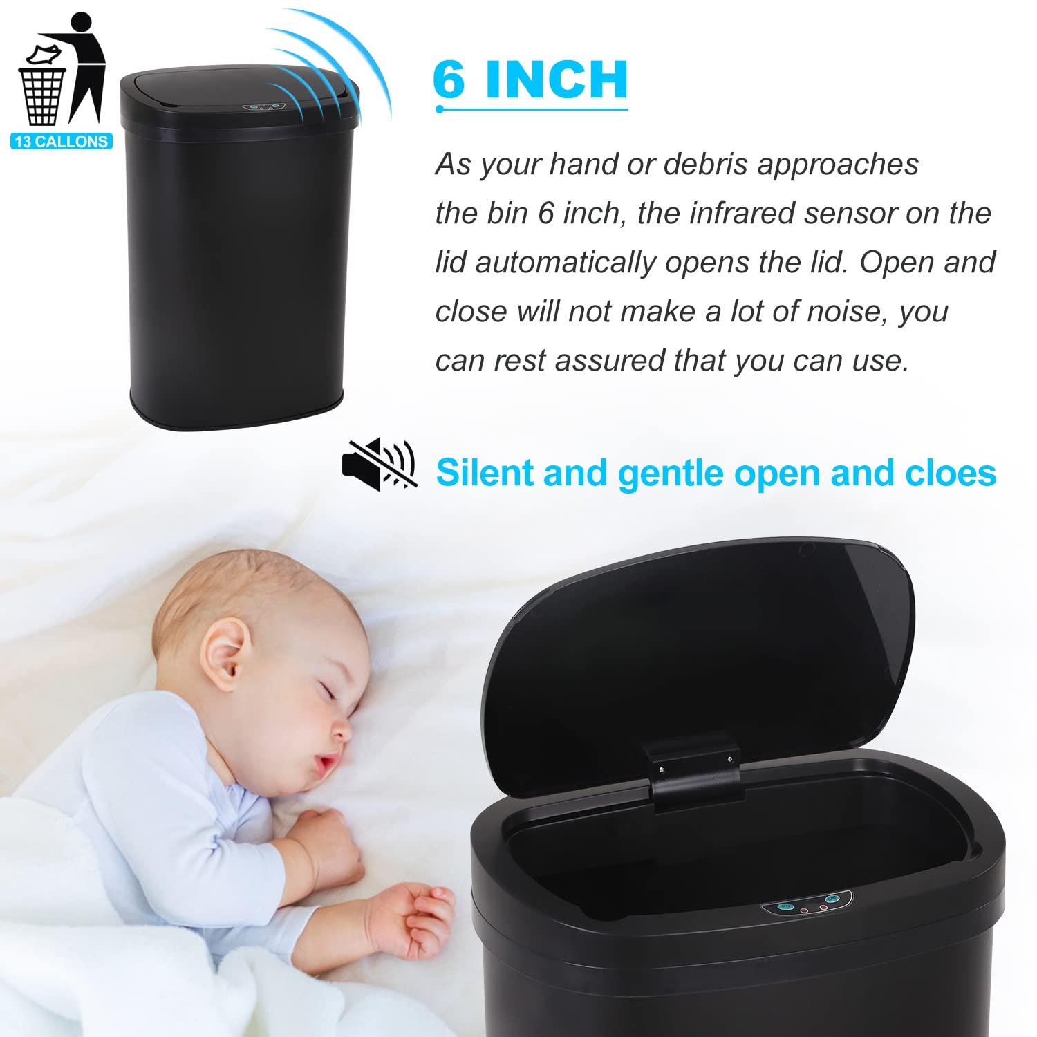 FDW Kitchen Trash Can with Lid, 13 Gallon Automatic Garbage Can for Bathroom Bedroom Home Office 50 Liter Touch Free Stainless Steel Waste Bin,Black