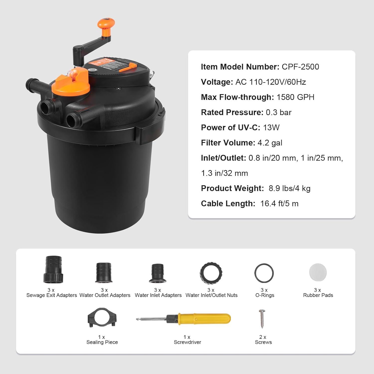 KFFKFF Biological Pressure Pond Filter, Suitable for 3200 Gallons, Equipped with 13W UV-C Lamp, 2630 GPH, Pressurized Pond Filtration System Equipment for Fountain Pool