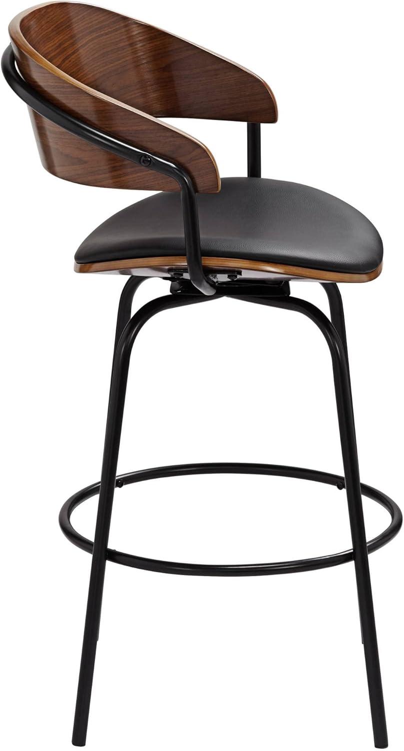 Elm Lane Larsen Black Swivel Bar Stool 26" High Mid Century Modern Faux Leather Cushion with Walnut Backrest Footrest for Kitchen Counter Height Home