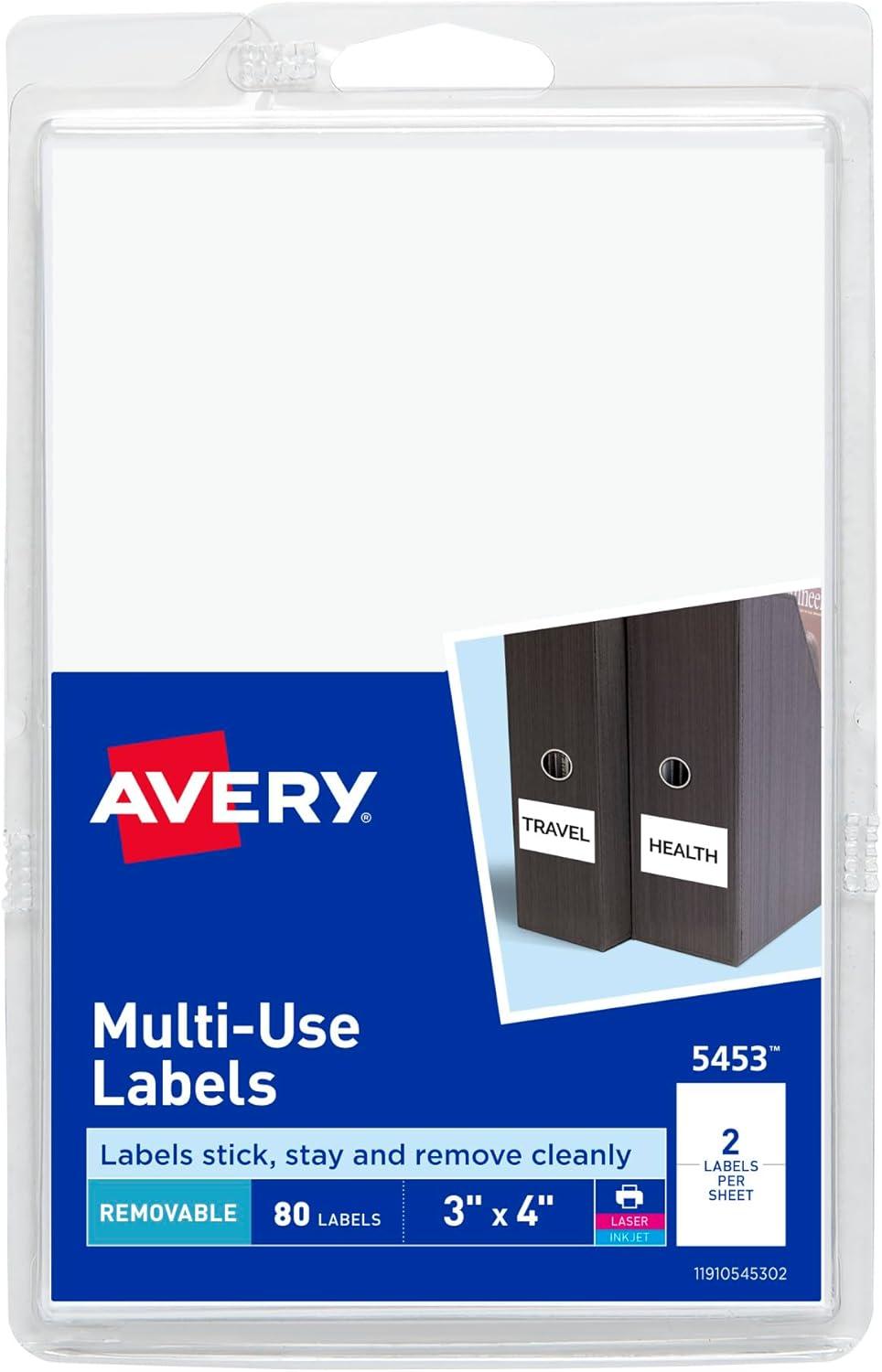 Avery Removable Labels, Removable Adhesive, 3" x 4", 80 Labels (5453)